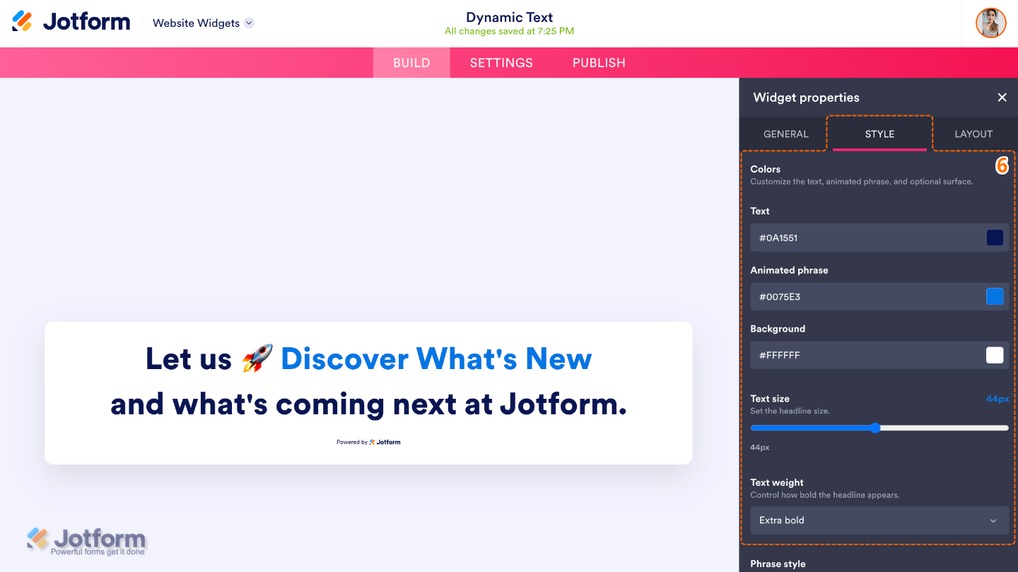 Customizing the Dynamic Text widget by configuring text colors, animated phrase color, background, font size, and font weight