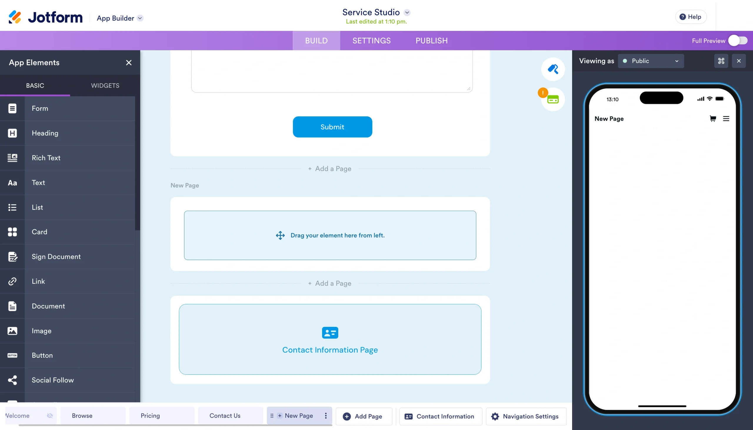Jotform App Builder showing options to add new pages and form elements with a mobile page preview