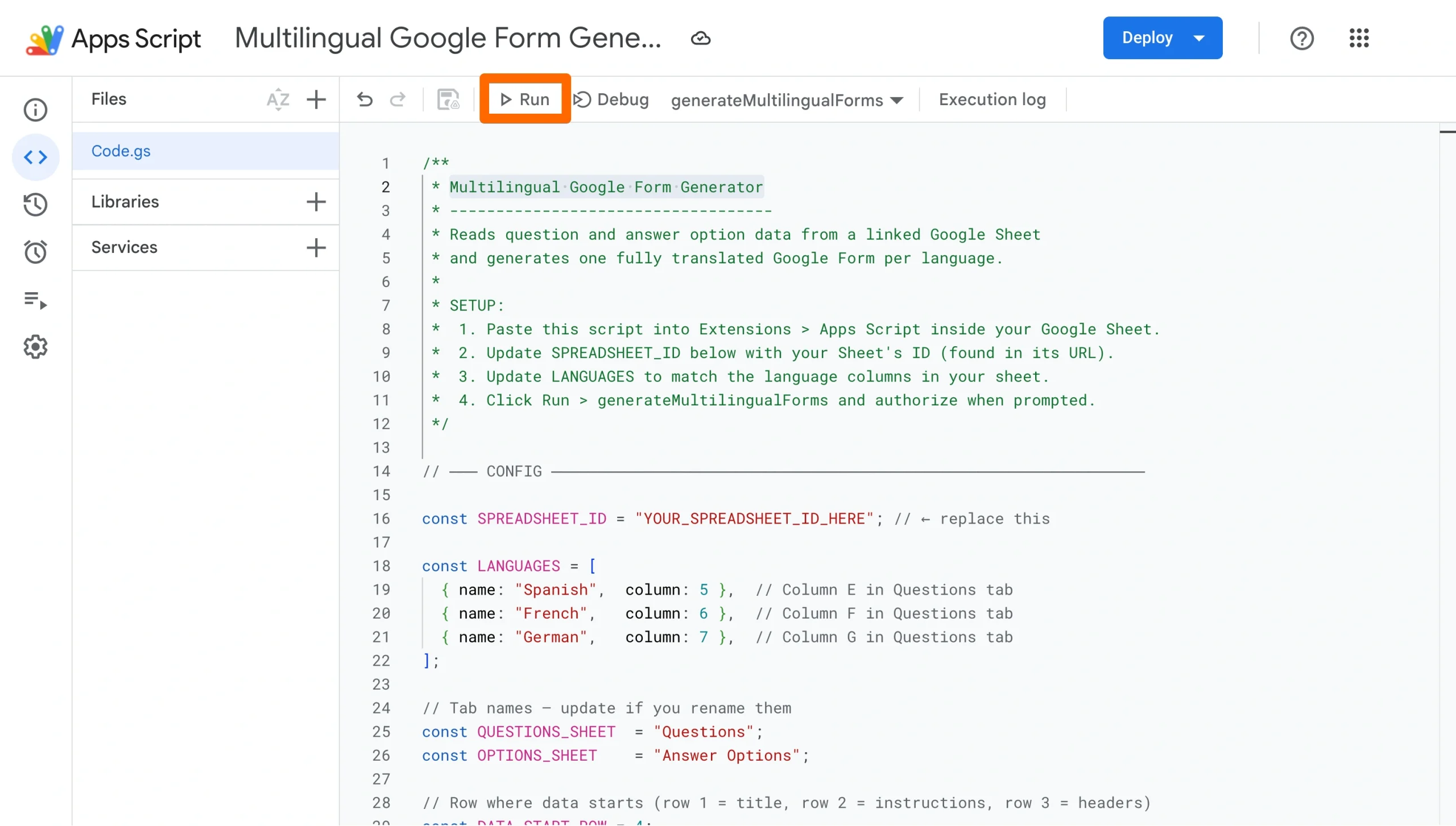 Google Apps Script editor with the Run button highlighted