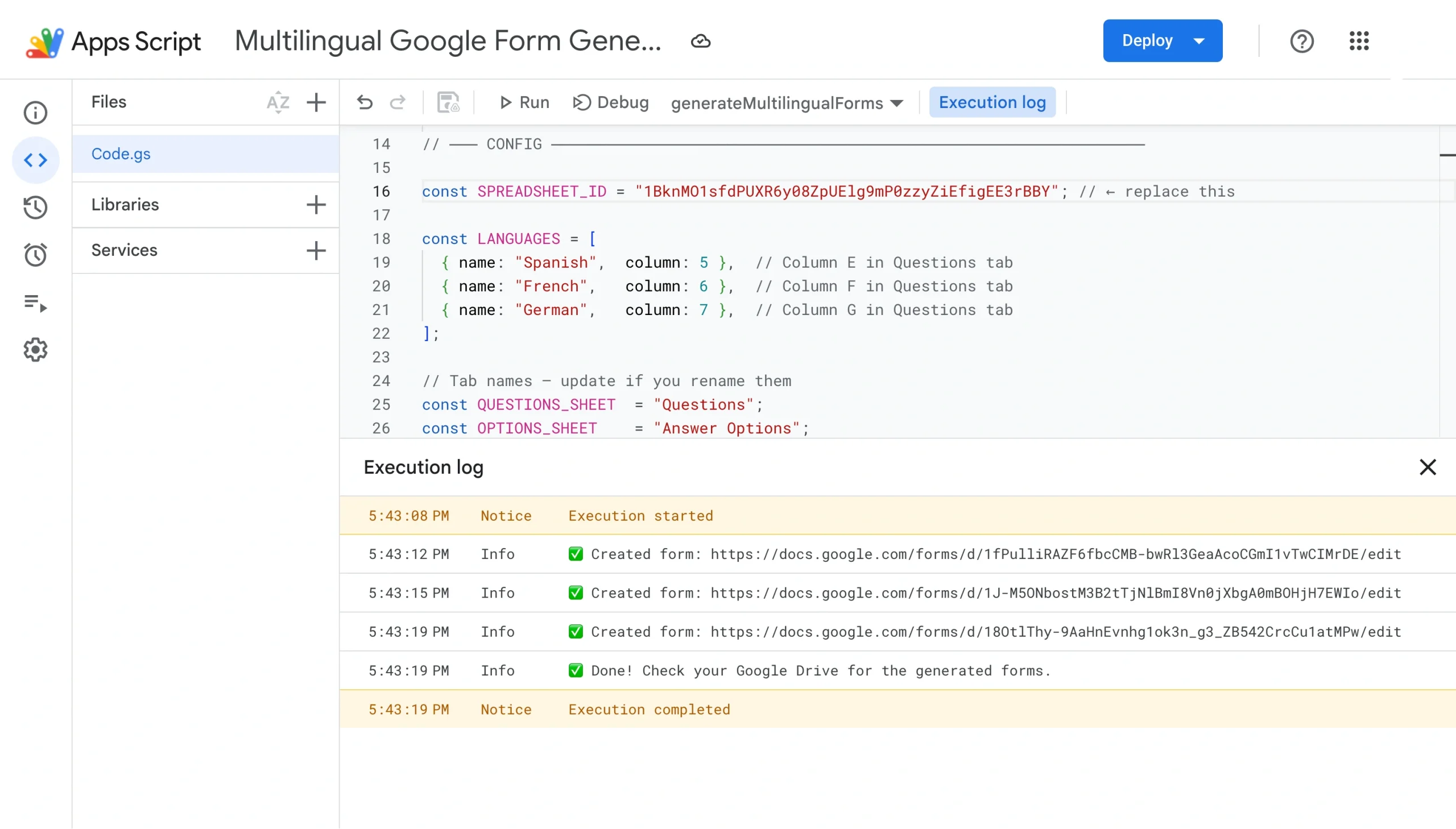 Google Apps Script execution log showing the multilingual form generation process completed