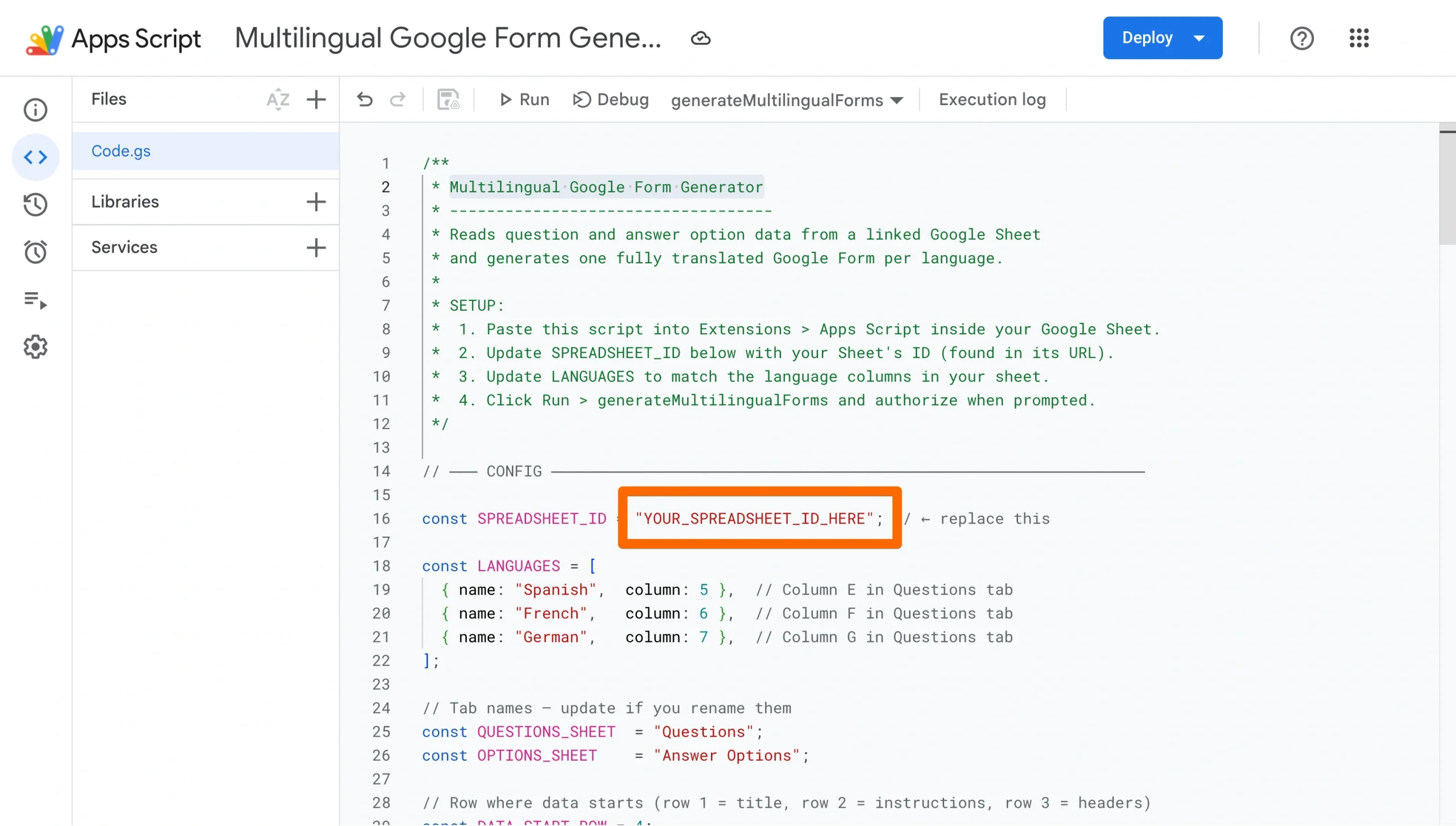 Google Apps Script editor with the SPREADSHEET ID value highlighted for replacement