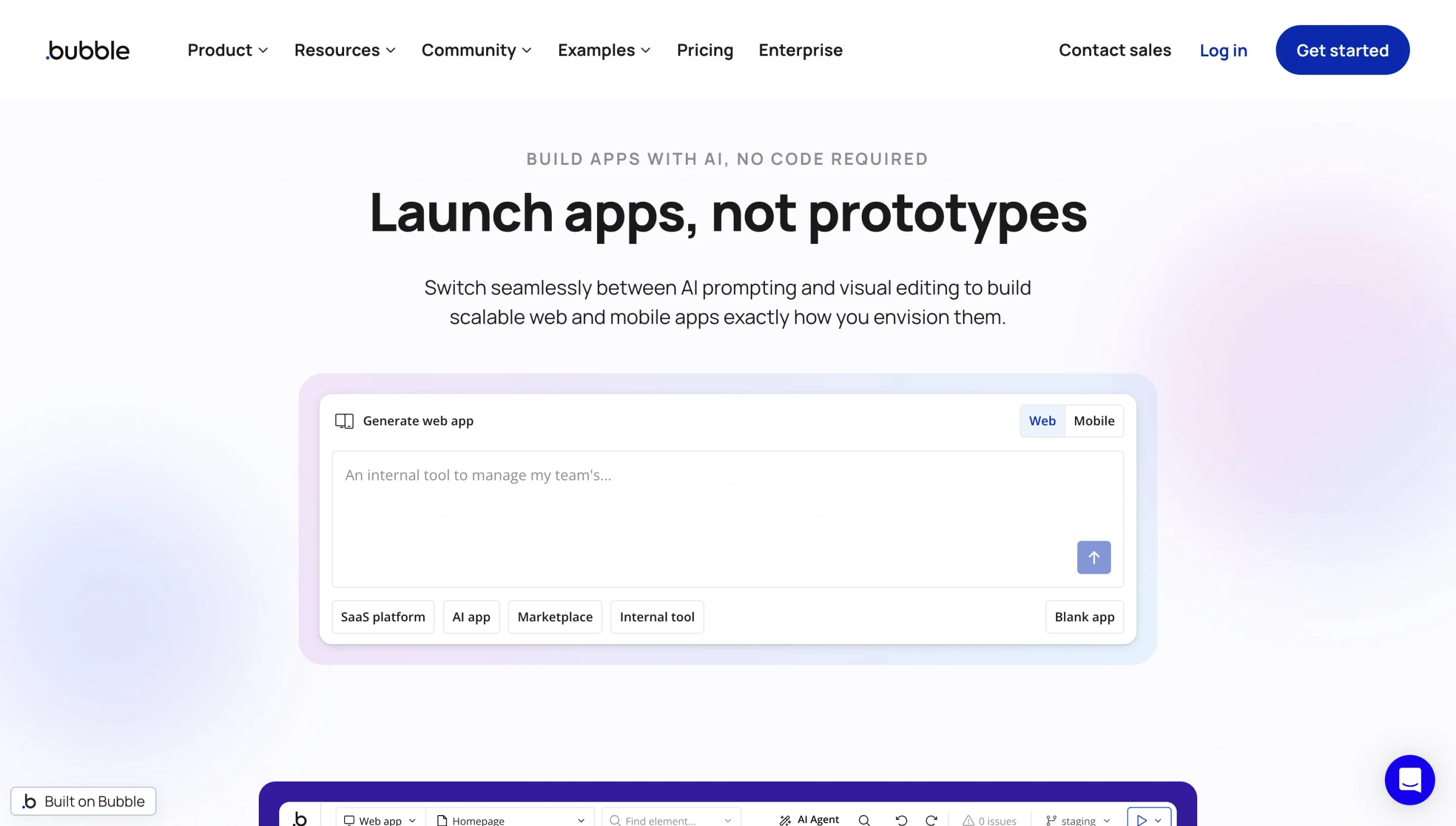 Screenshot of the Bubble landing page, showing a headline "Launch apps, not prototypes"