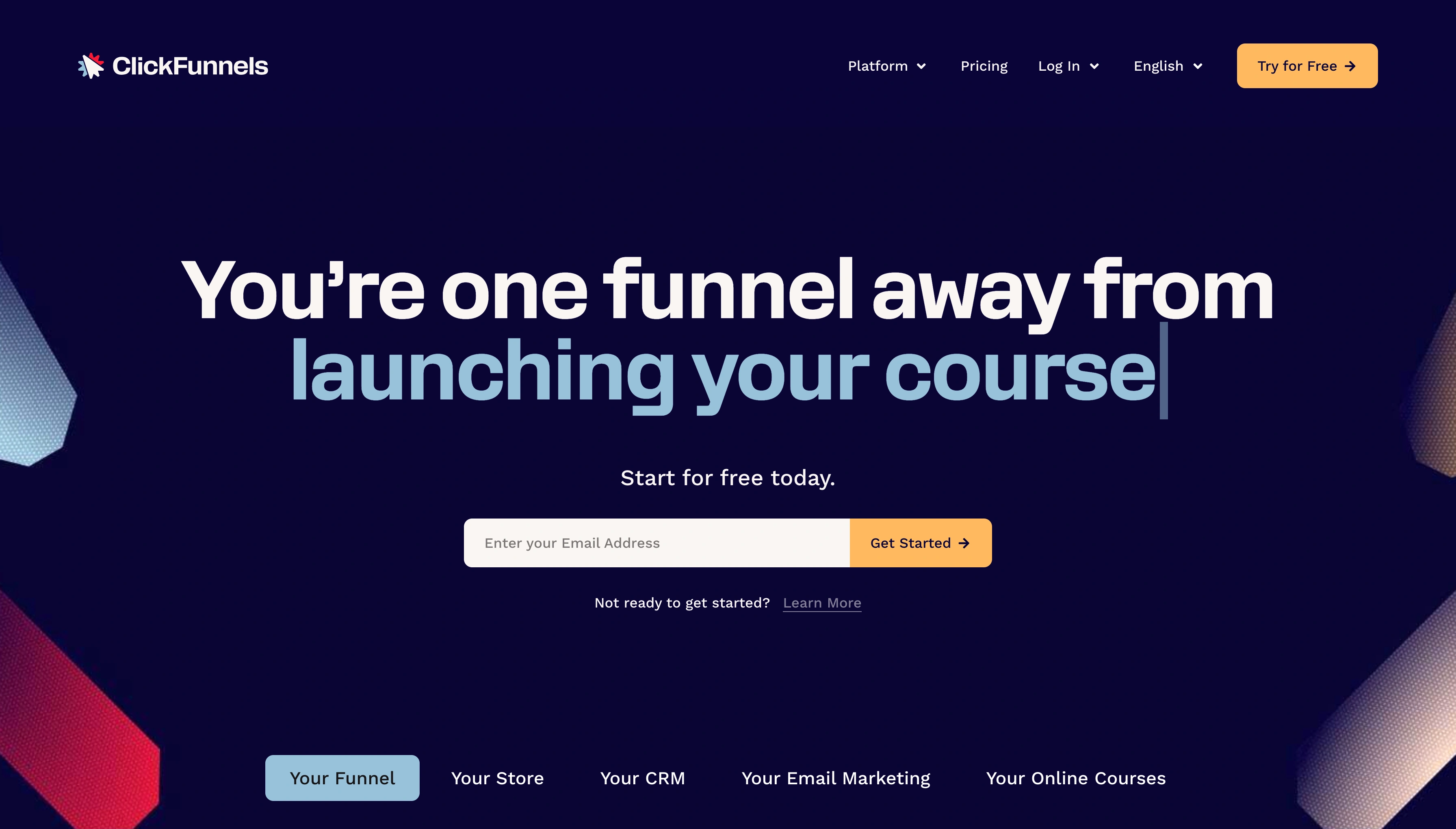 Screenshot of the ClickFunnels landing page, showing a headline "You're one funnel away from launching your course"