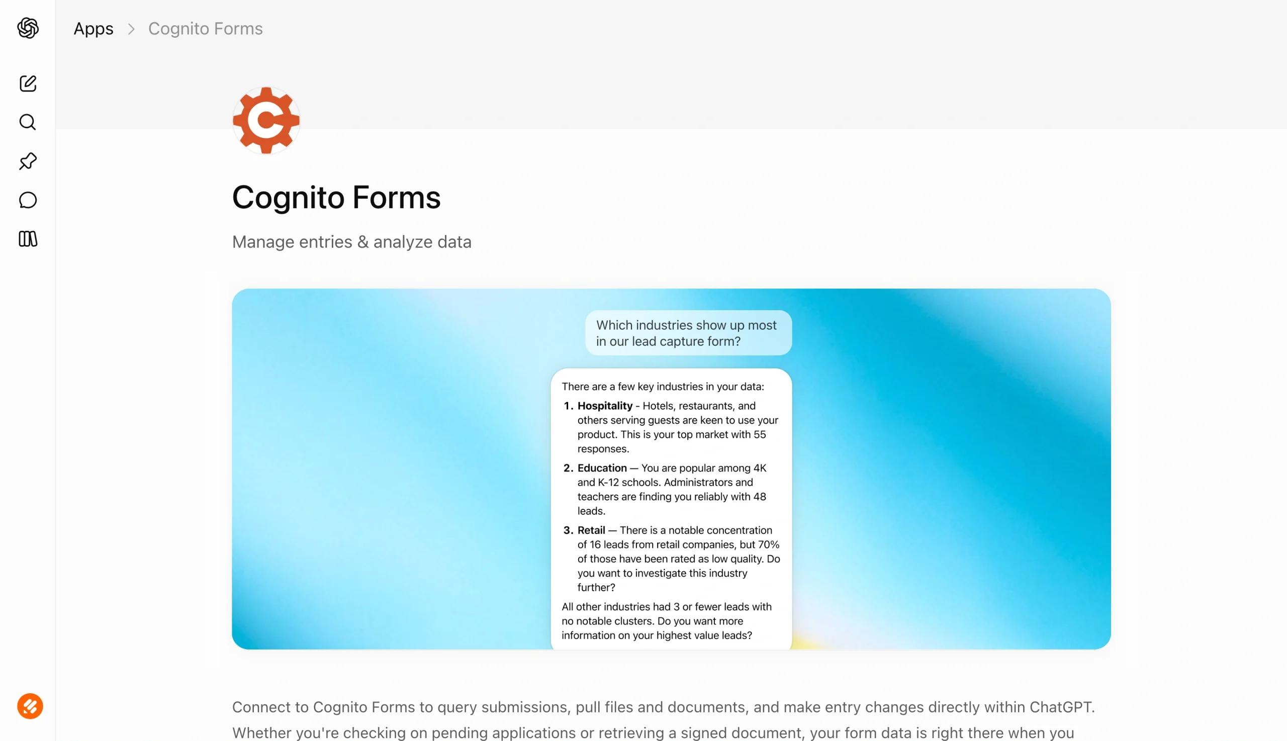 Screenshot of the OpenAI Apps page for Cognito Forms