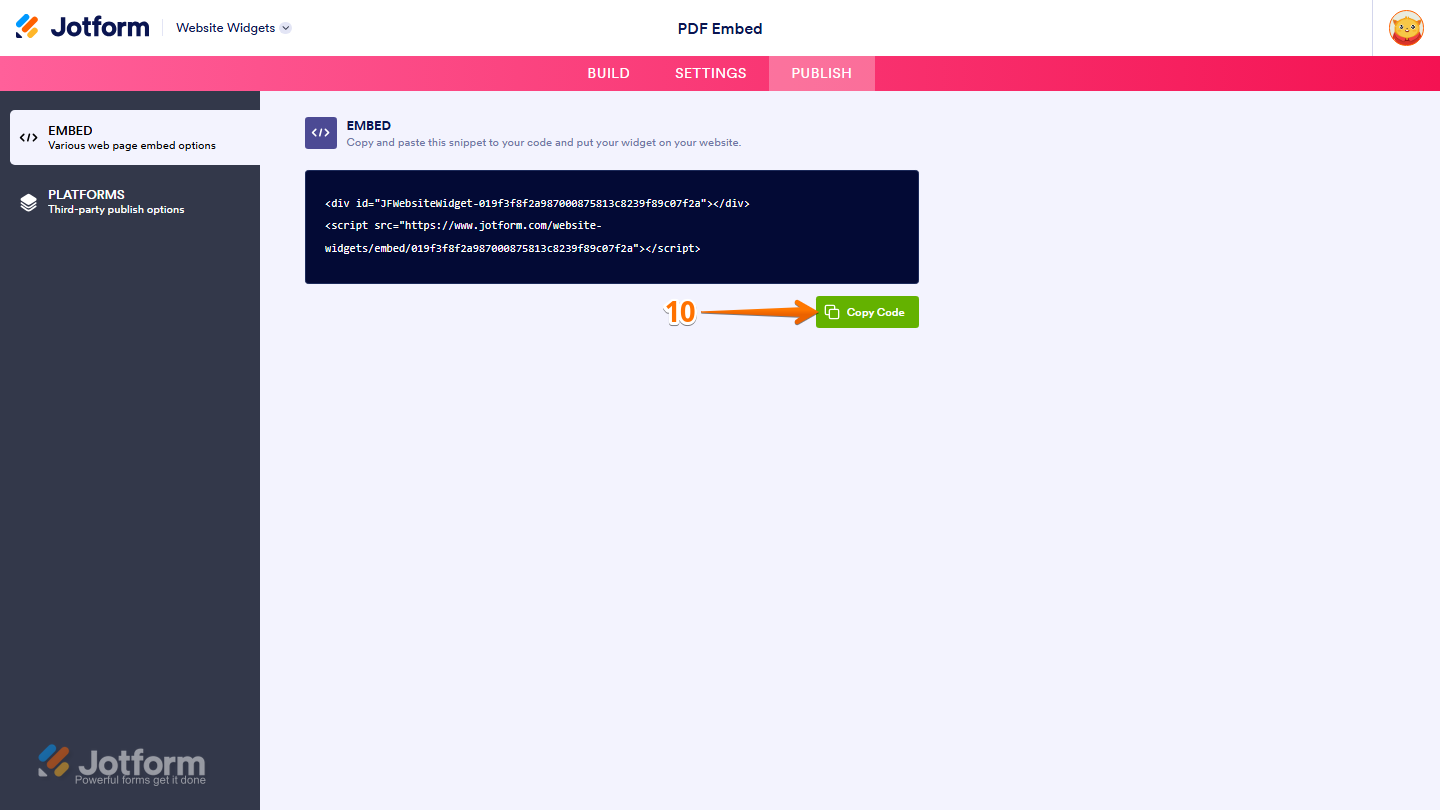 Jotform Website Widget Builder displaying the Embed section with the Copy Code button ready to copy the PDF Embed widget code for use on a website