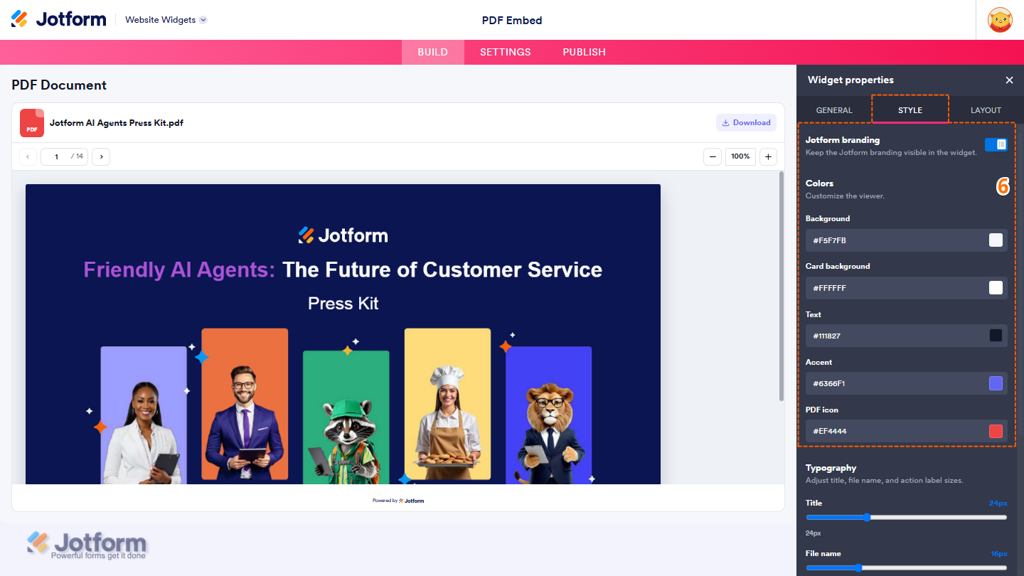 Jotform Website Widget Builder displaying the Style tab with customization options for Jotform Branding, Background, Card Background, Text, Accent, and PDF Icon to personalize the appearance of the PDF Embed widget