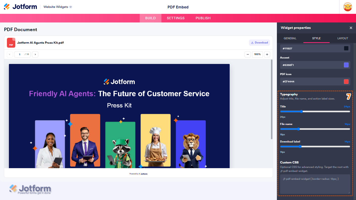 Jotform Website Widget Builder displaying the Style tab with typography and styling options for Title, File Name, Download Label, and Custom CSS to further customize the PDF Embed widget
