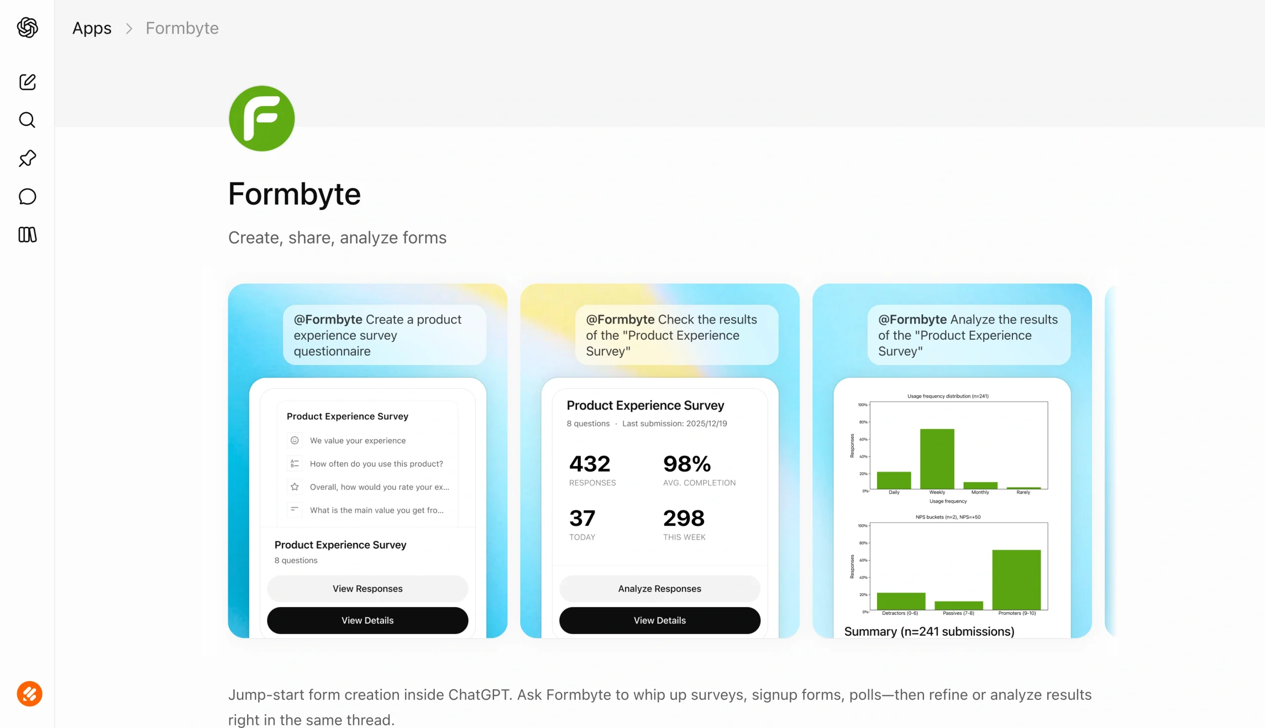 Screenshot of the OpenAI Apps page for Formbyte