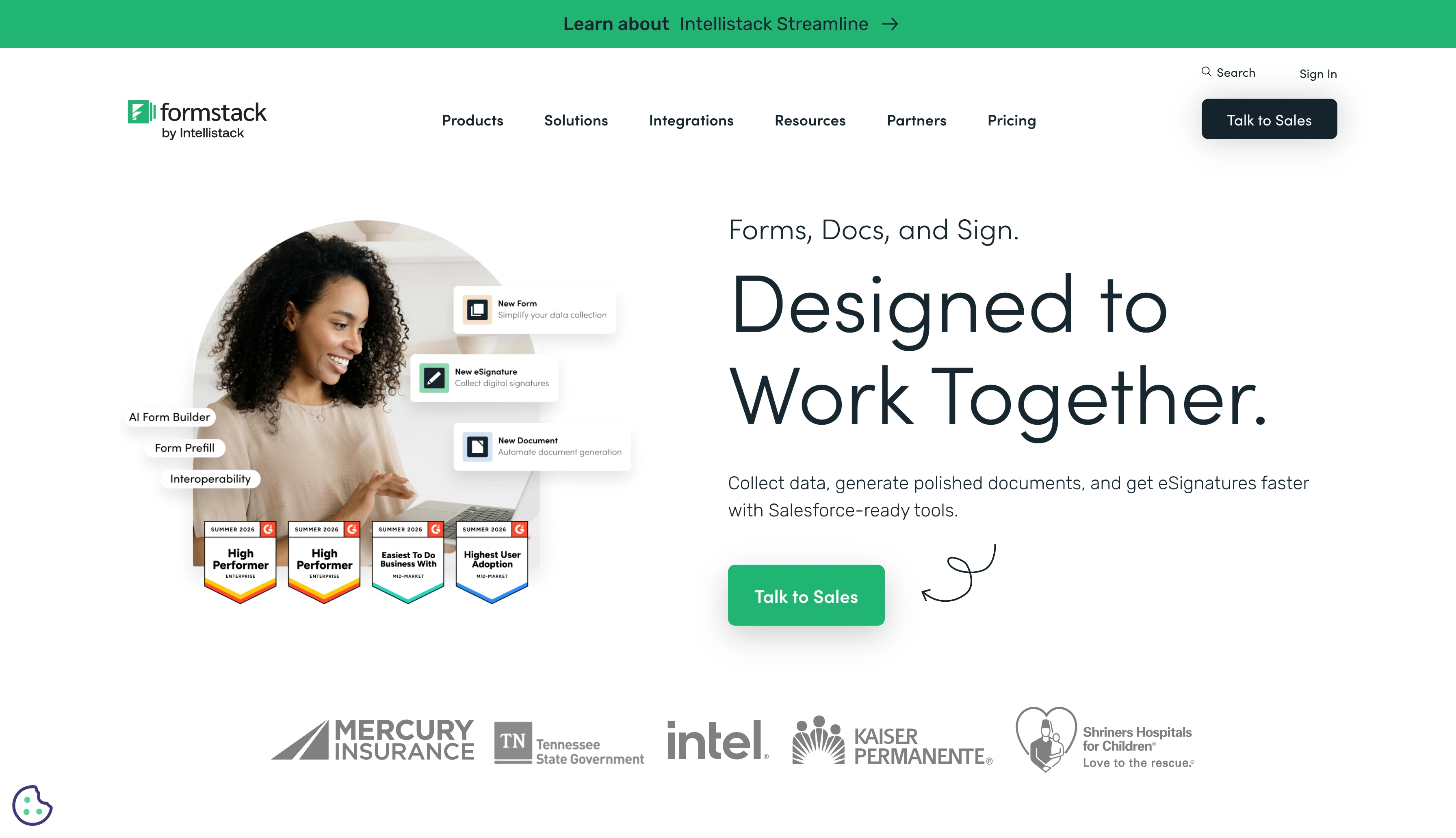Screenshot of the Formstack landing page, showing a headline "Designed to Work Together