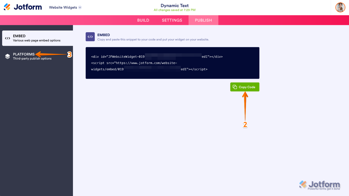 Website Widget Publish page showing the Copy Code button and Platforms option for embedding