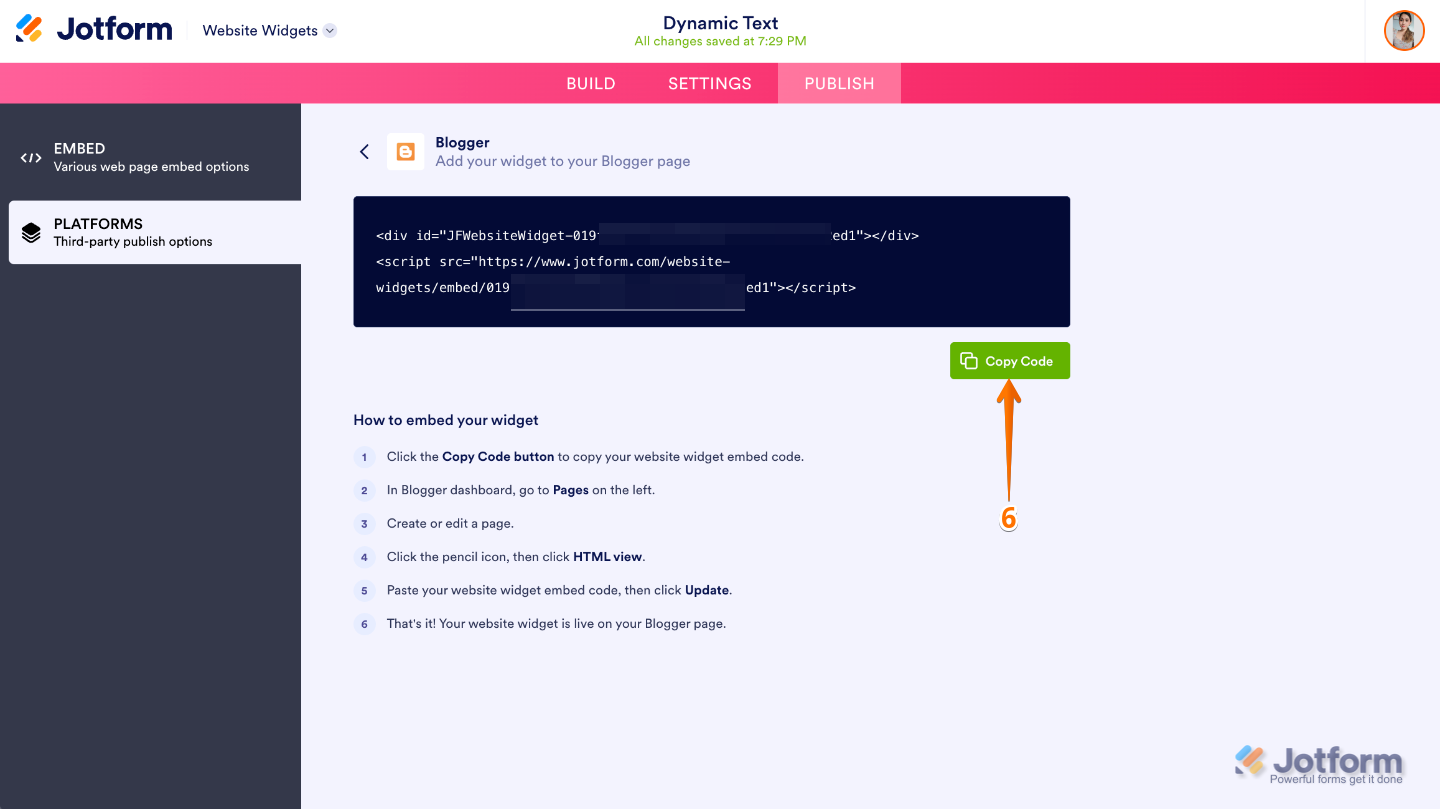 Website Widget embedding page showing the Copy Code button for adding the widget to a Blogger website
