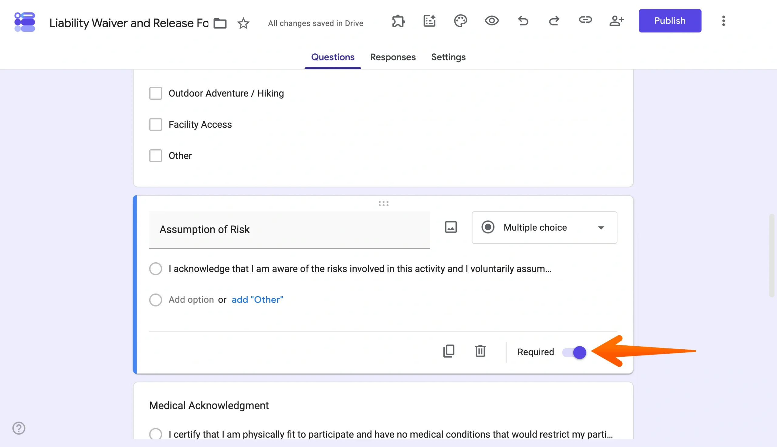 Google Forms editor with the Assumption of Risk multiple-choice question marked as required