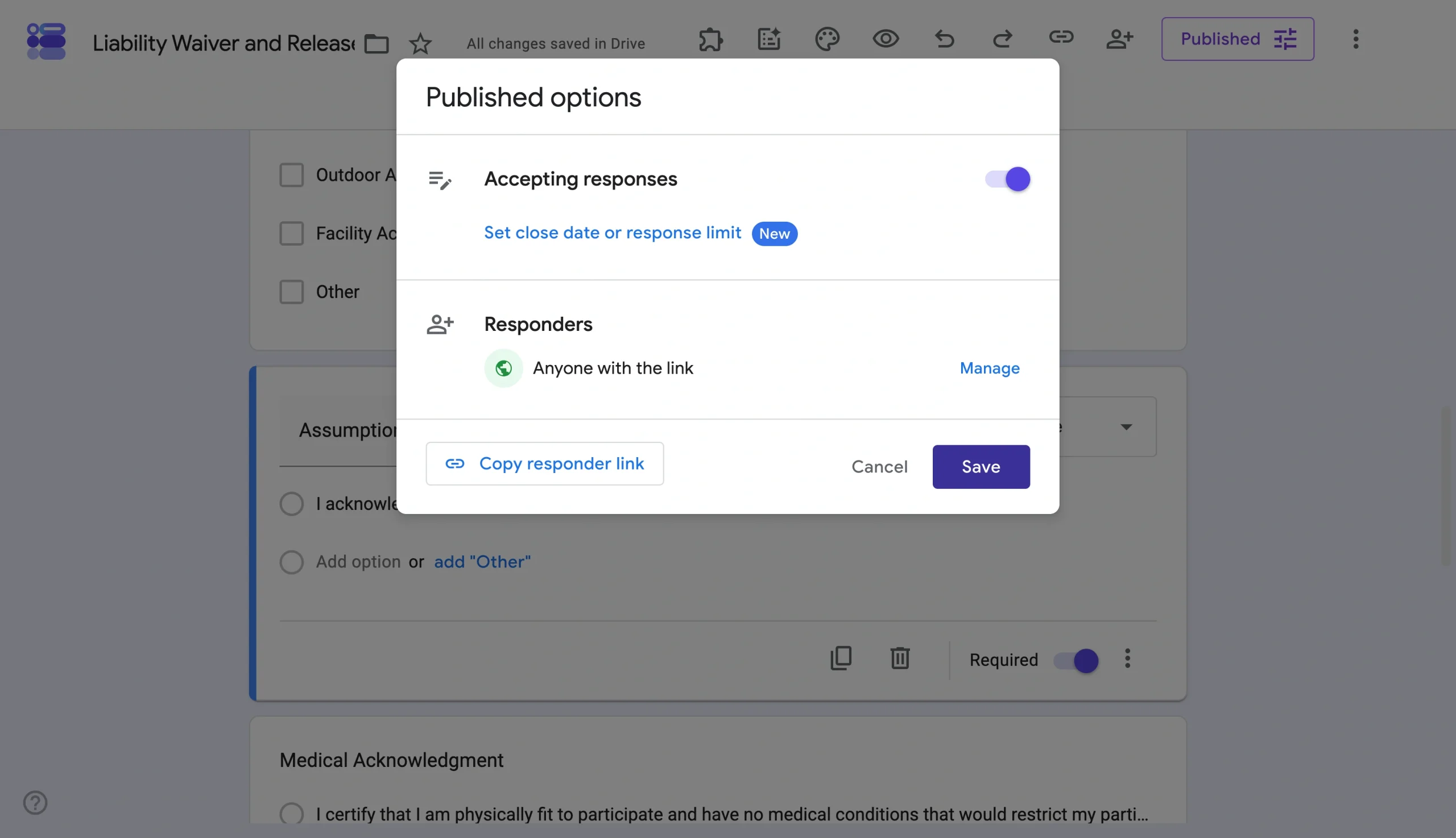 Google Forms Published options window with accepting responses enabled and a Copy responder link button