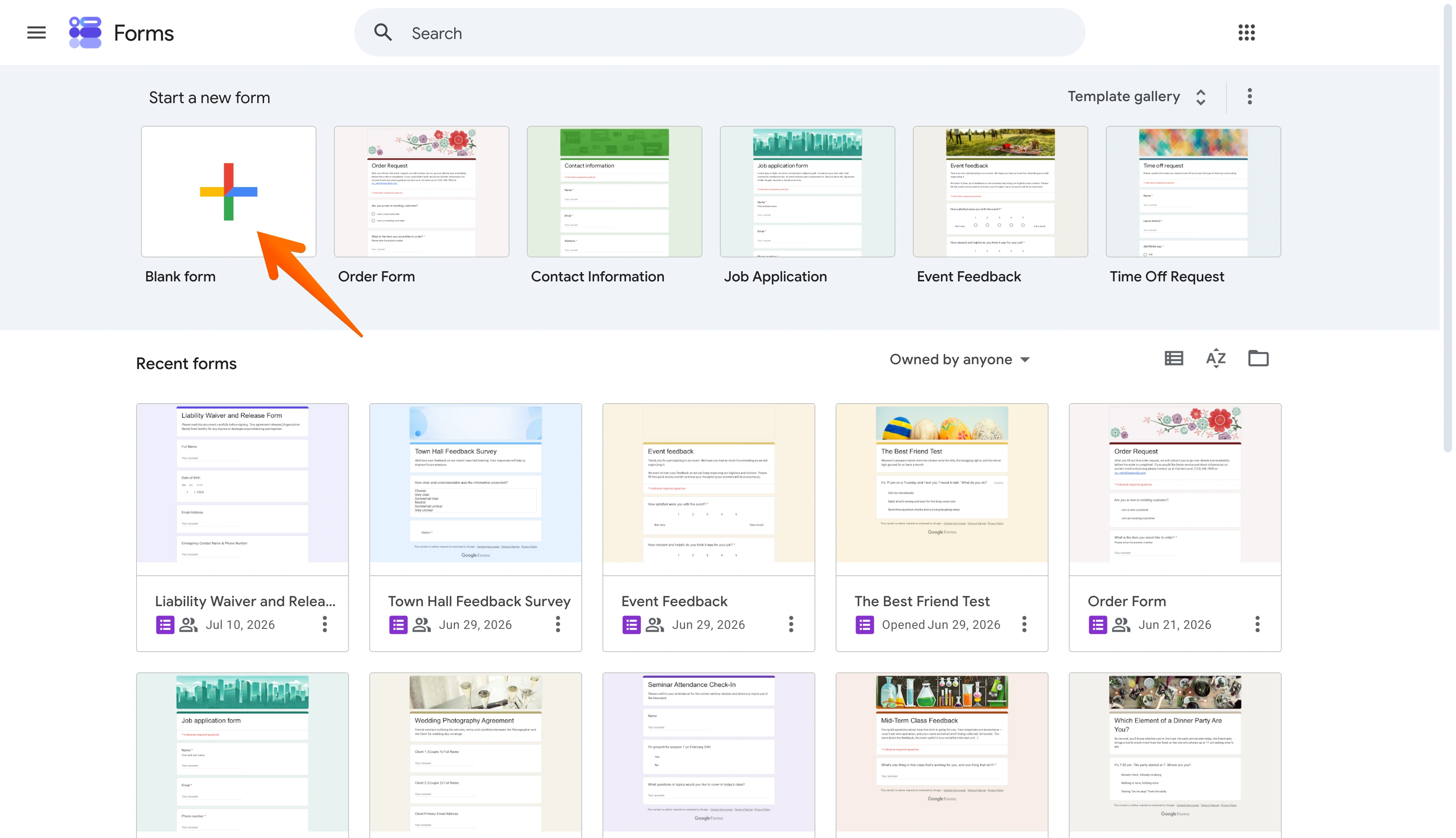 Google Forms template gallery with an arrow pointing to the Blank form option