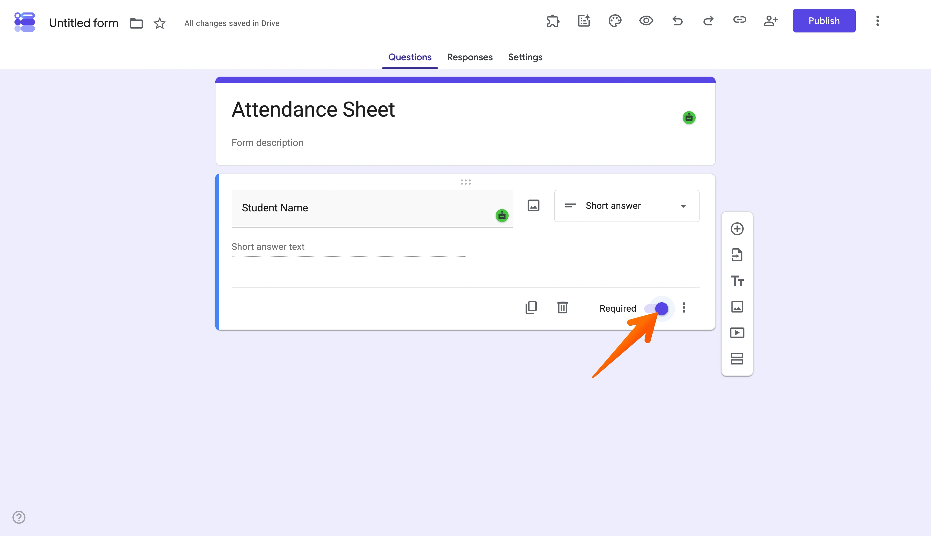 Attendance Sheet form editor with an arrow pointing to the Required question toggle