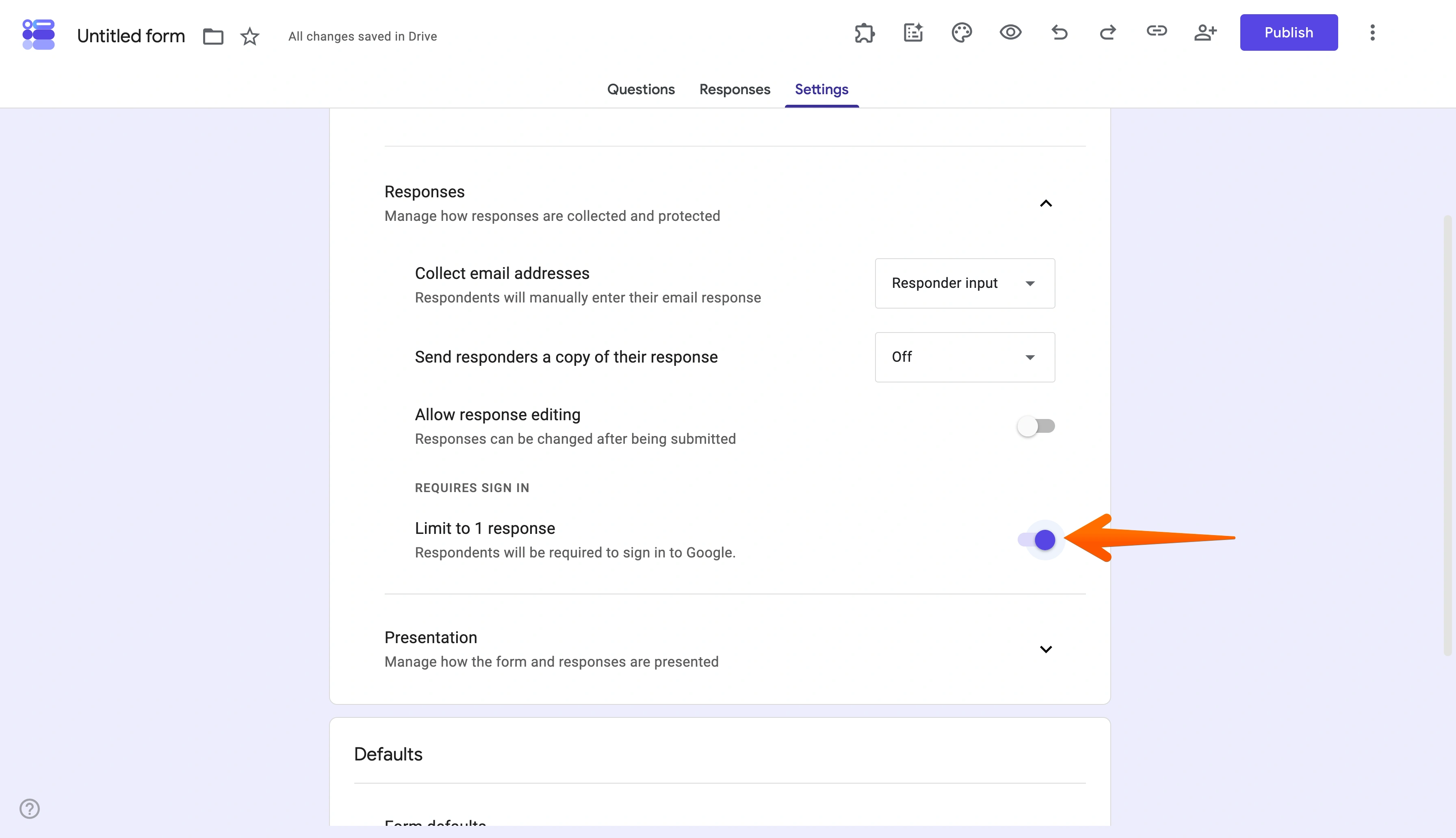 Responses settings with the Limit to 1 response toggle highlighted