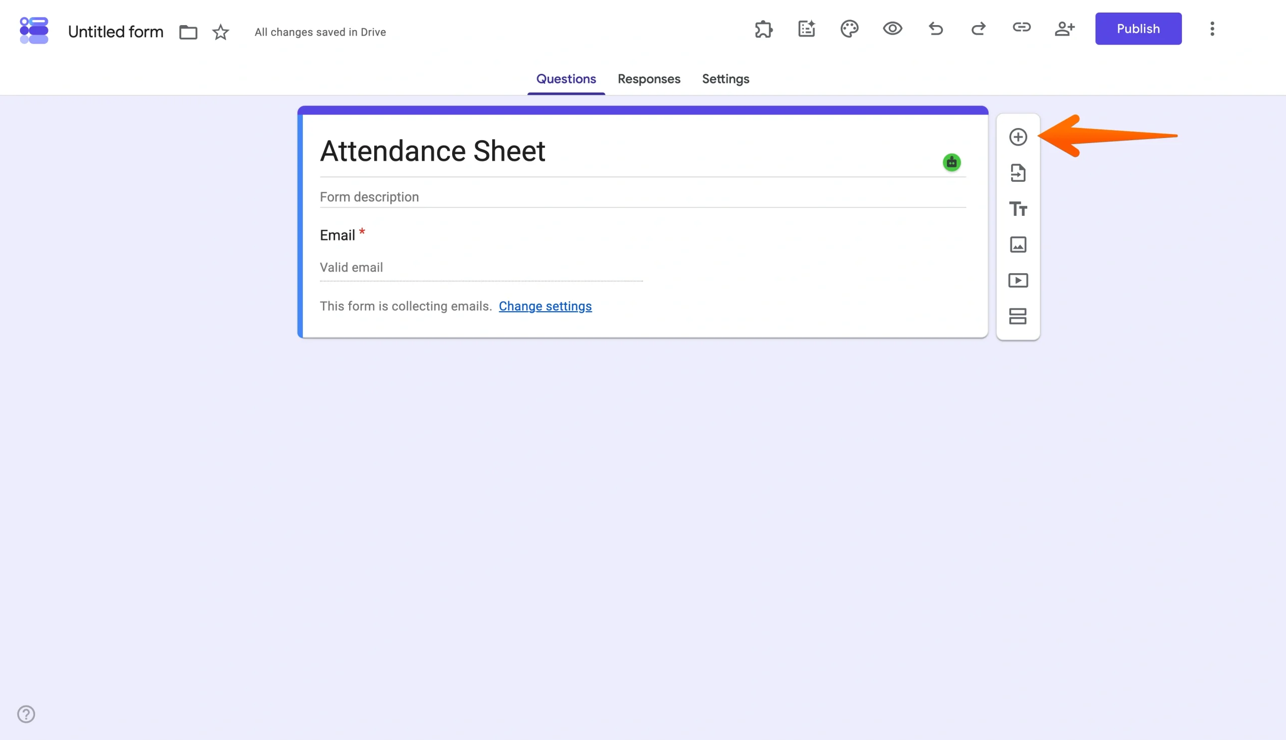 Google Forms editor with an arrow pointing to the Add question button in the side toolbar