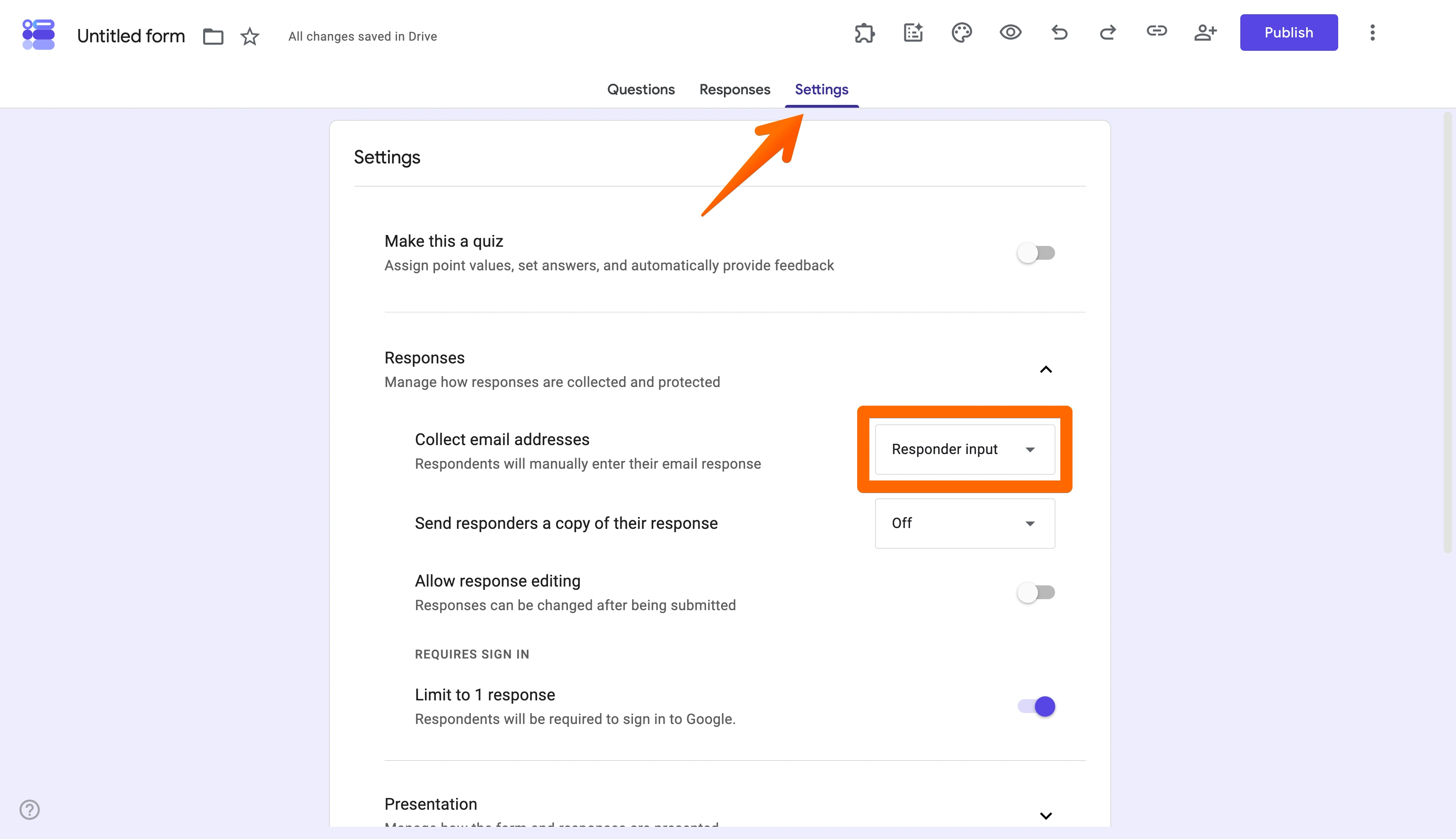 Google Forms Settings tab with the Responses dropdown highlighted