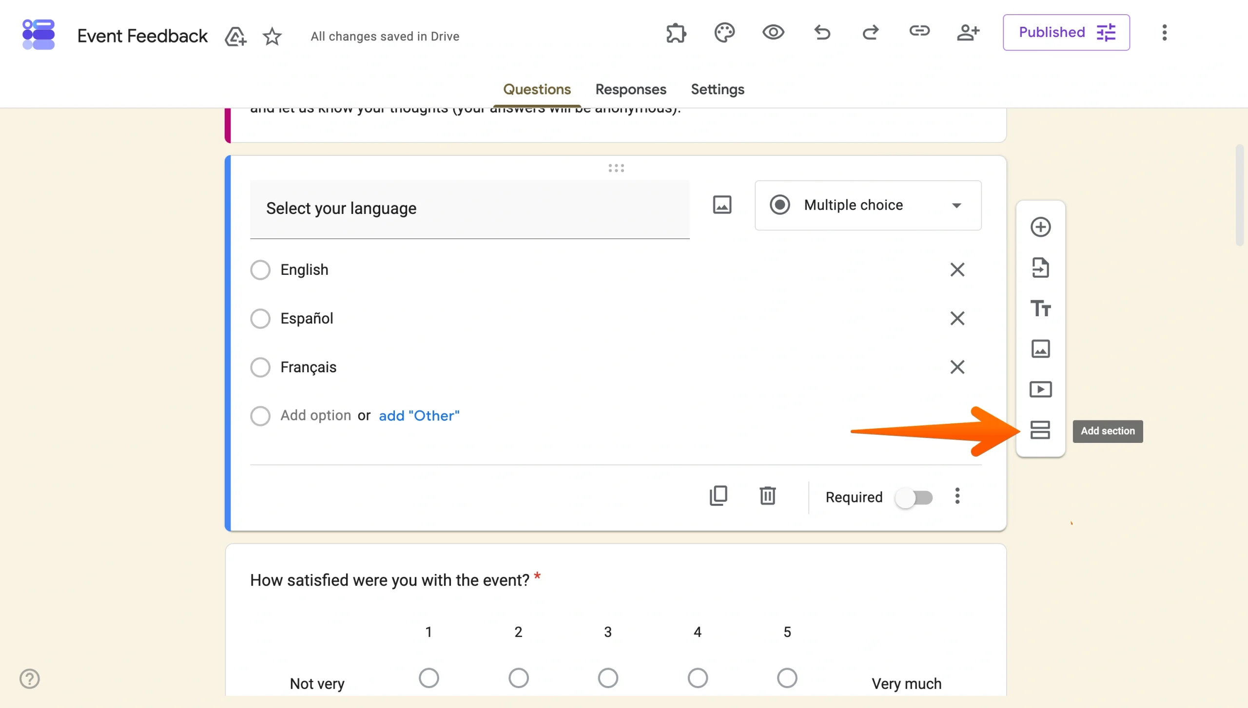 Google Forms editor with the “Add section” button highlighted