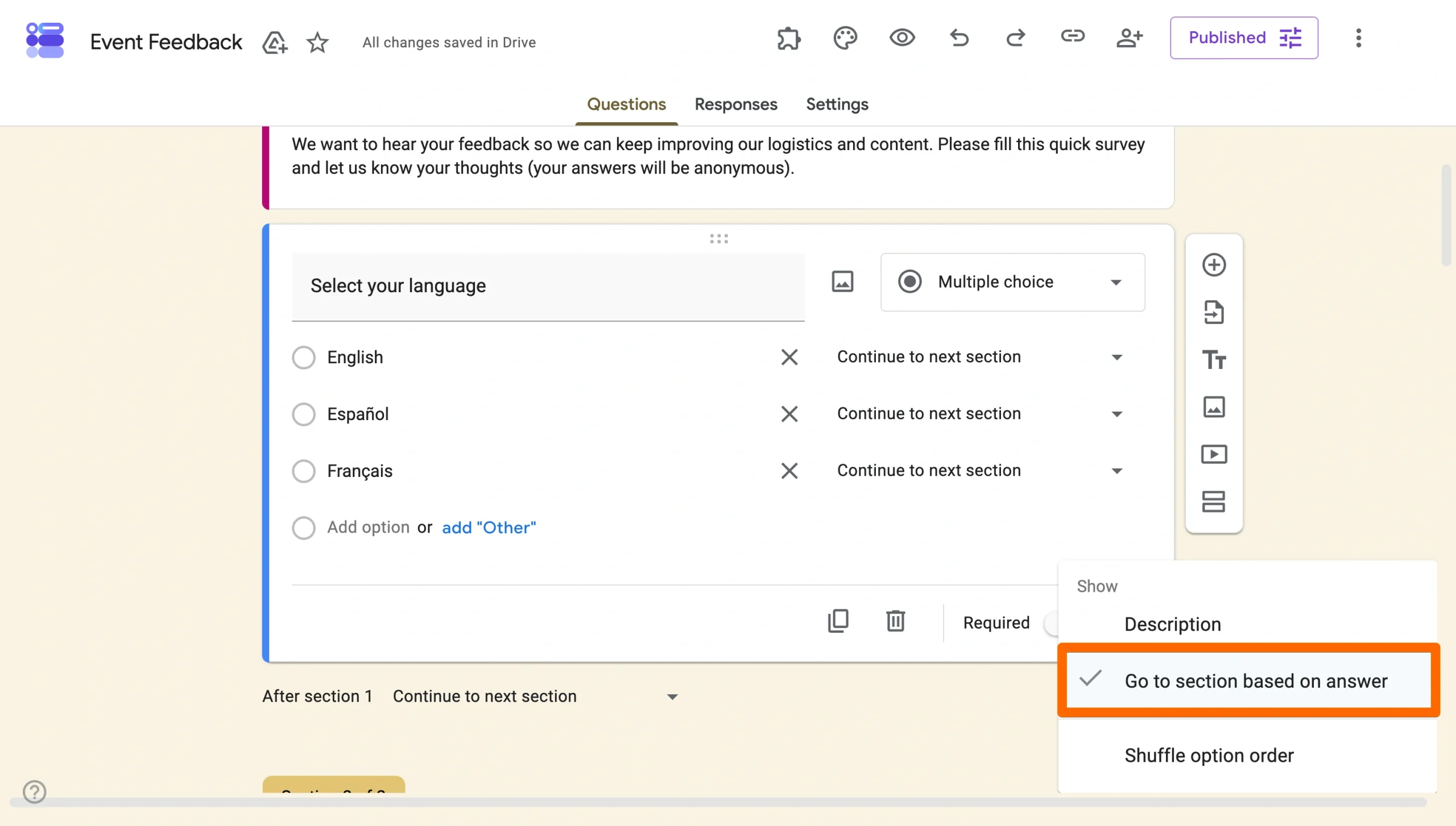 Google Forms question menu with “Go to section based on answer” highlighted