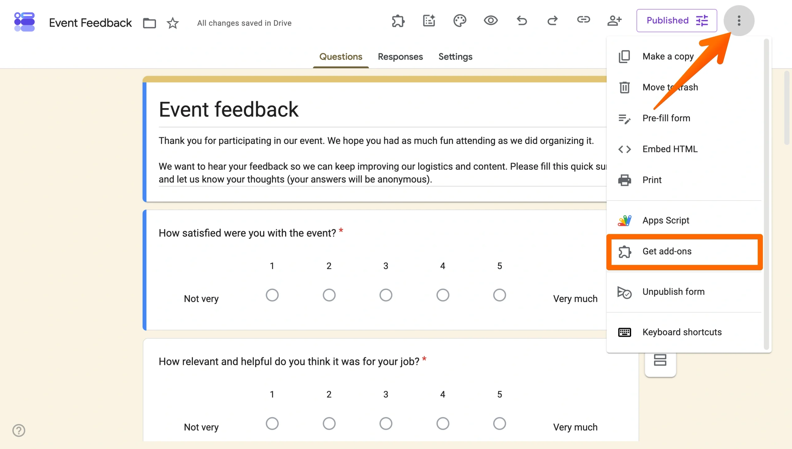 Google Forms Add-ons menu with “Get add-ons” highlighted