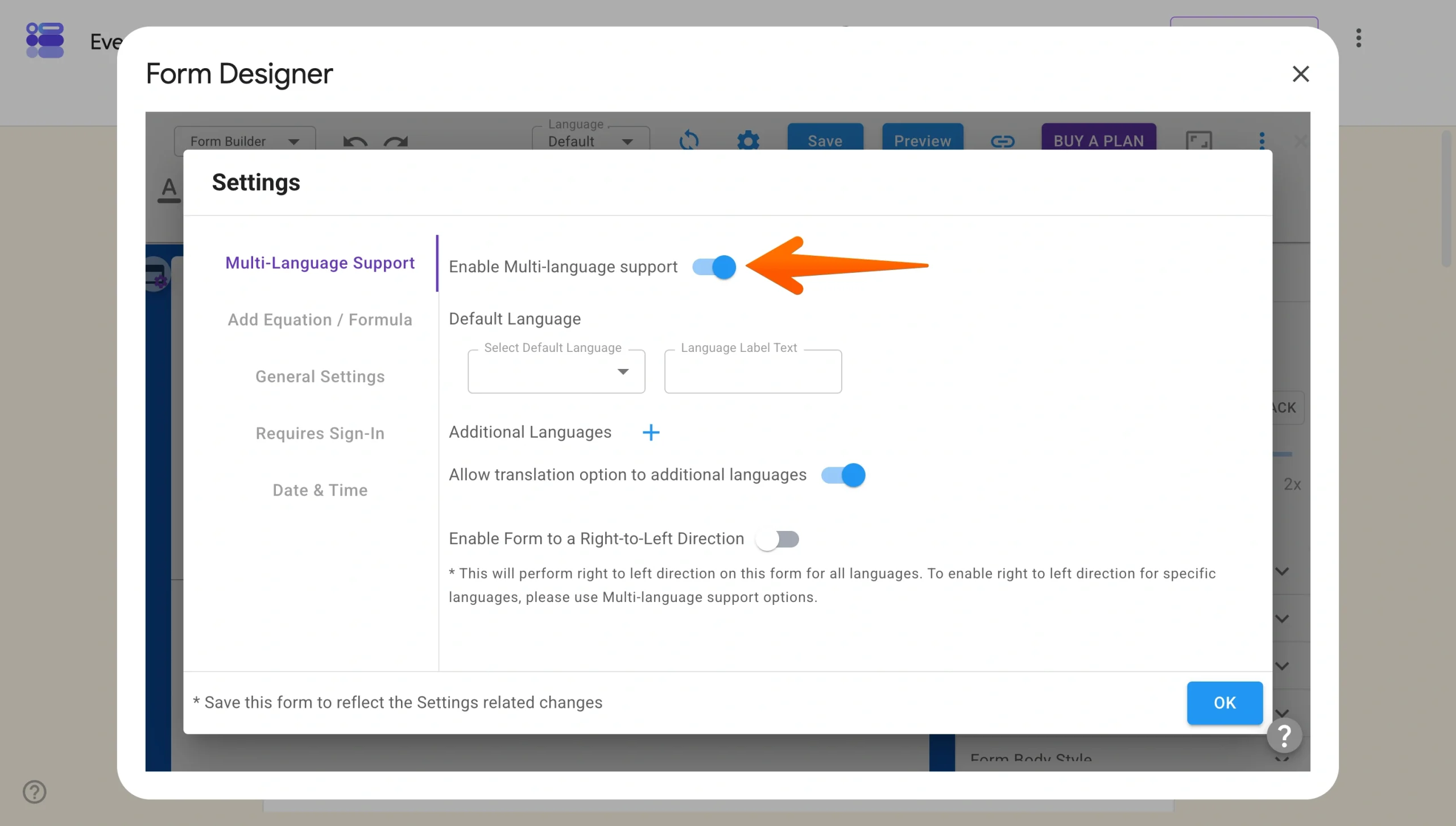Pretty Forms Designer settings with language support options