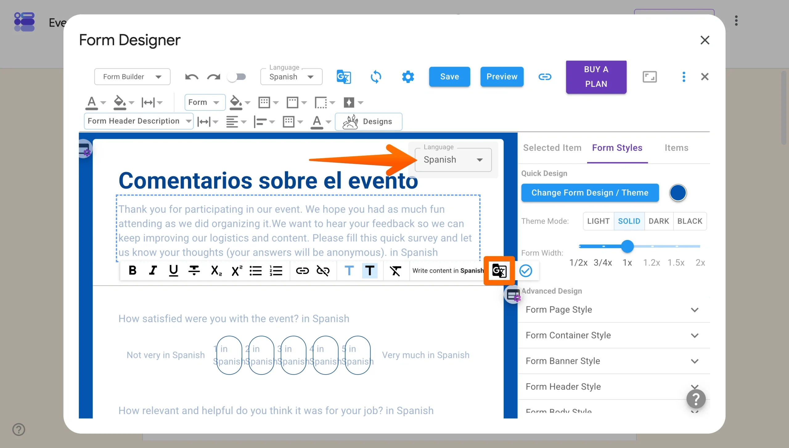 Pretty Forms Designer editor with the translation language dropdown open