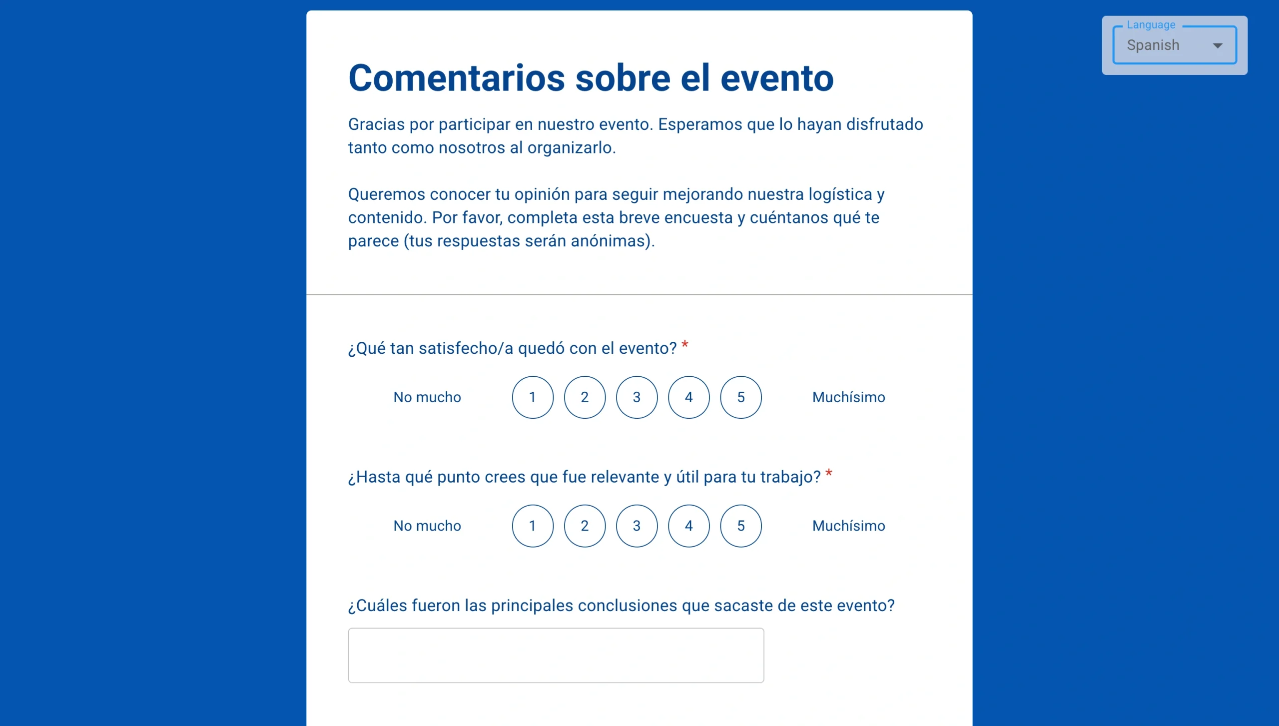 Multilingual Google Form displayed in Spanish with a language selector