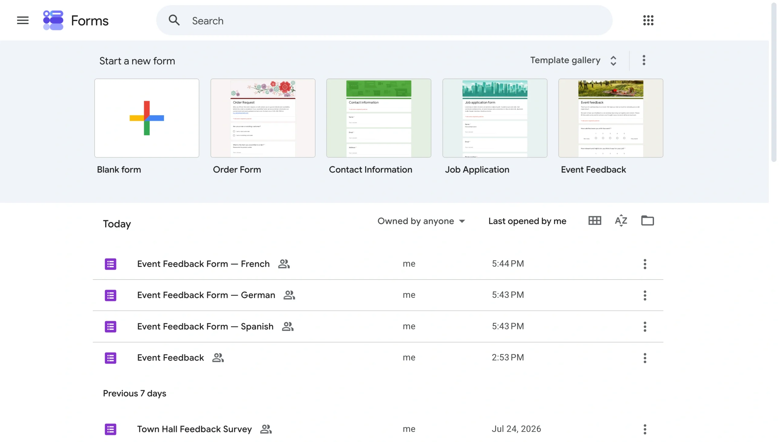Google Forms homepage displaying newly generated forms in French, German, and Spanish