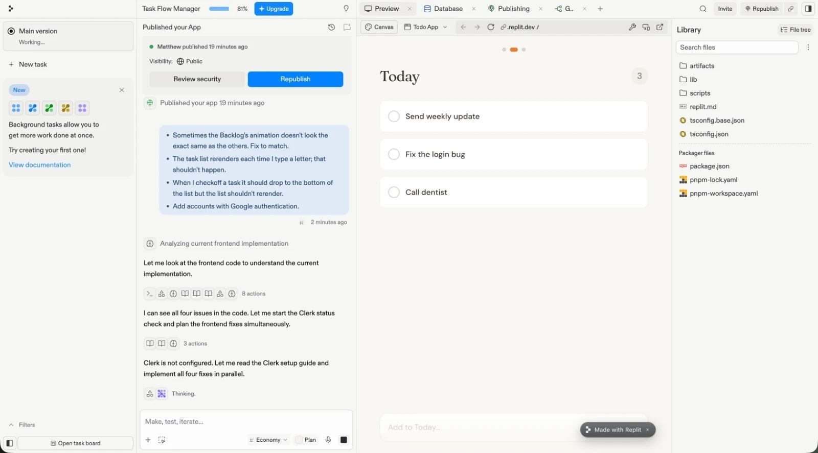 Replit shows your working app alongside AI chat