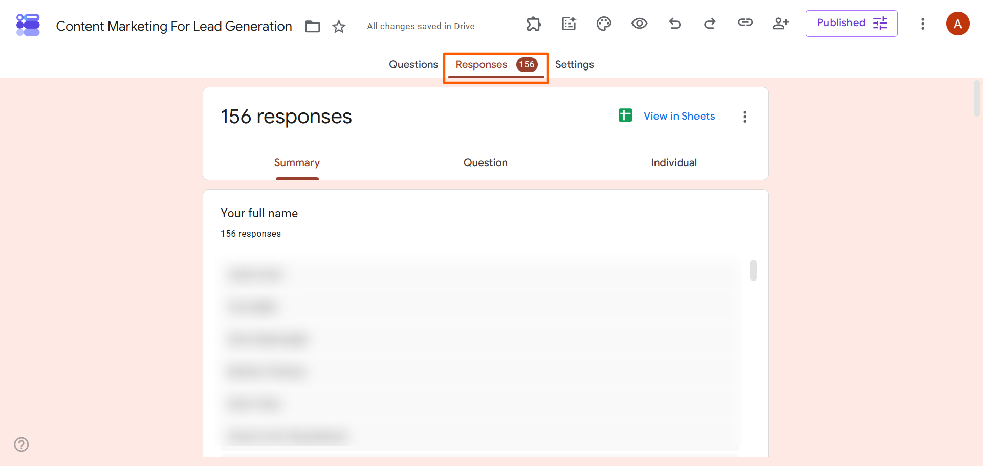 Google Forms Responses tab showing 156 submitted responses