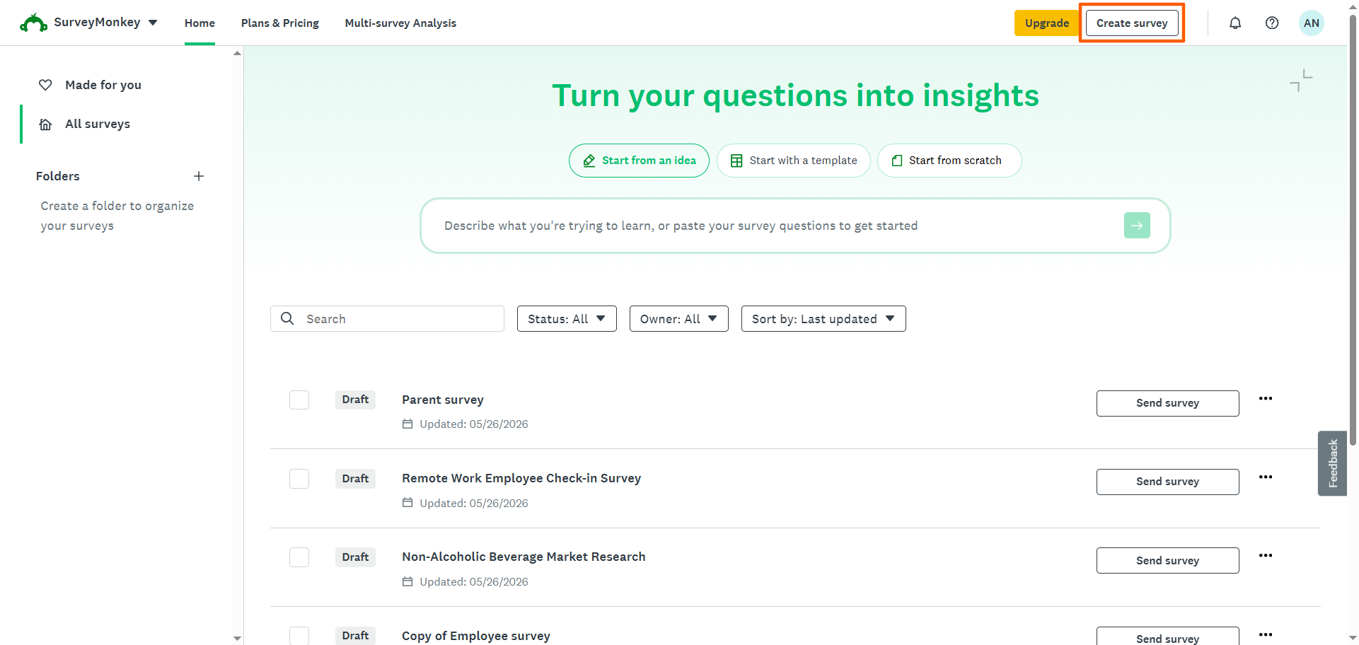 SurveyMonkey dashboard with the Create survey button highlighted in the top-right corner
