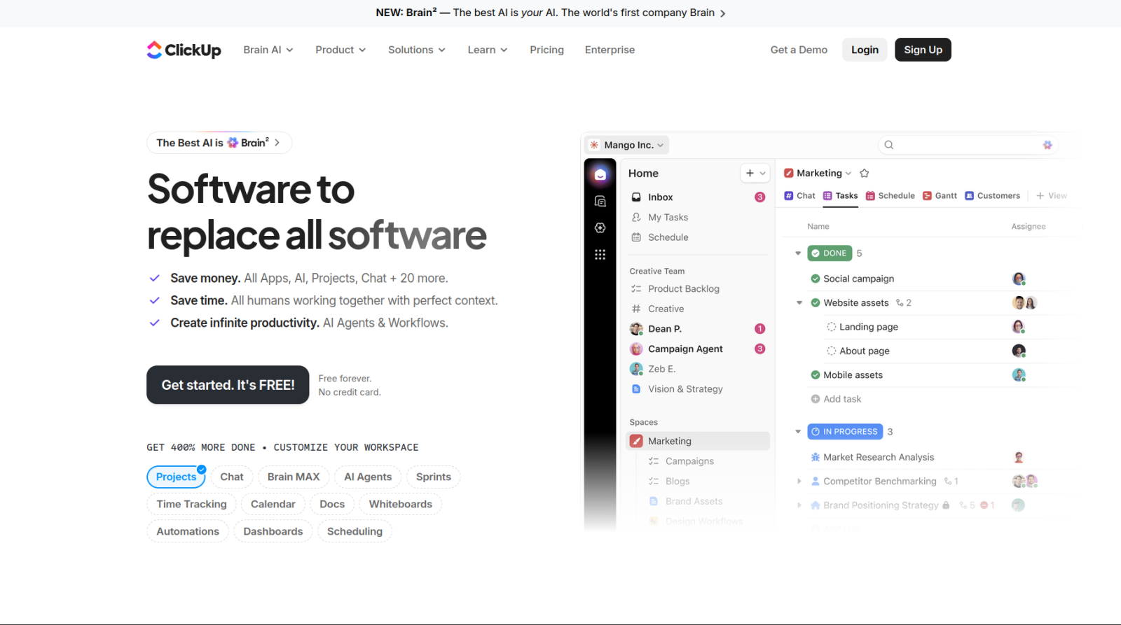 Screenshot of the ClickUp landing page, showing a headline "Software to replace all software"