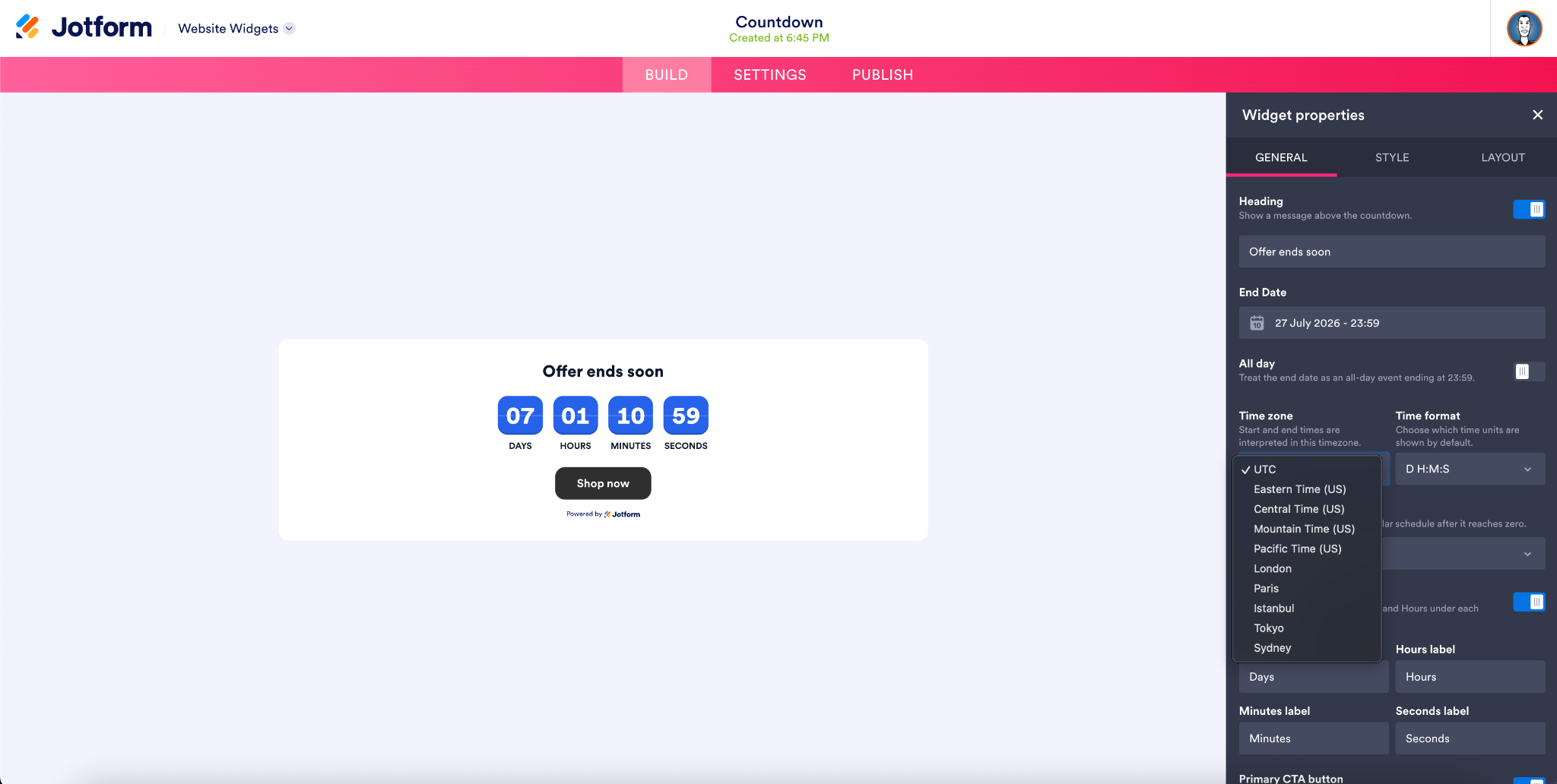 Bekijken van de widget-eigenschappen in de Website Widget-bouwer