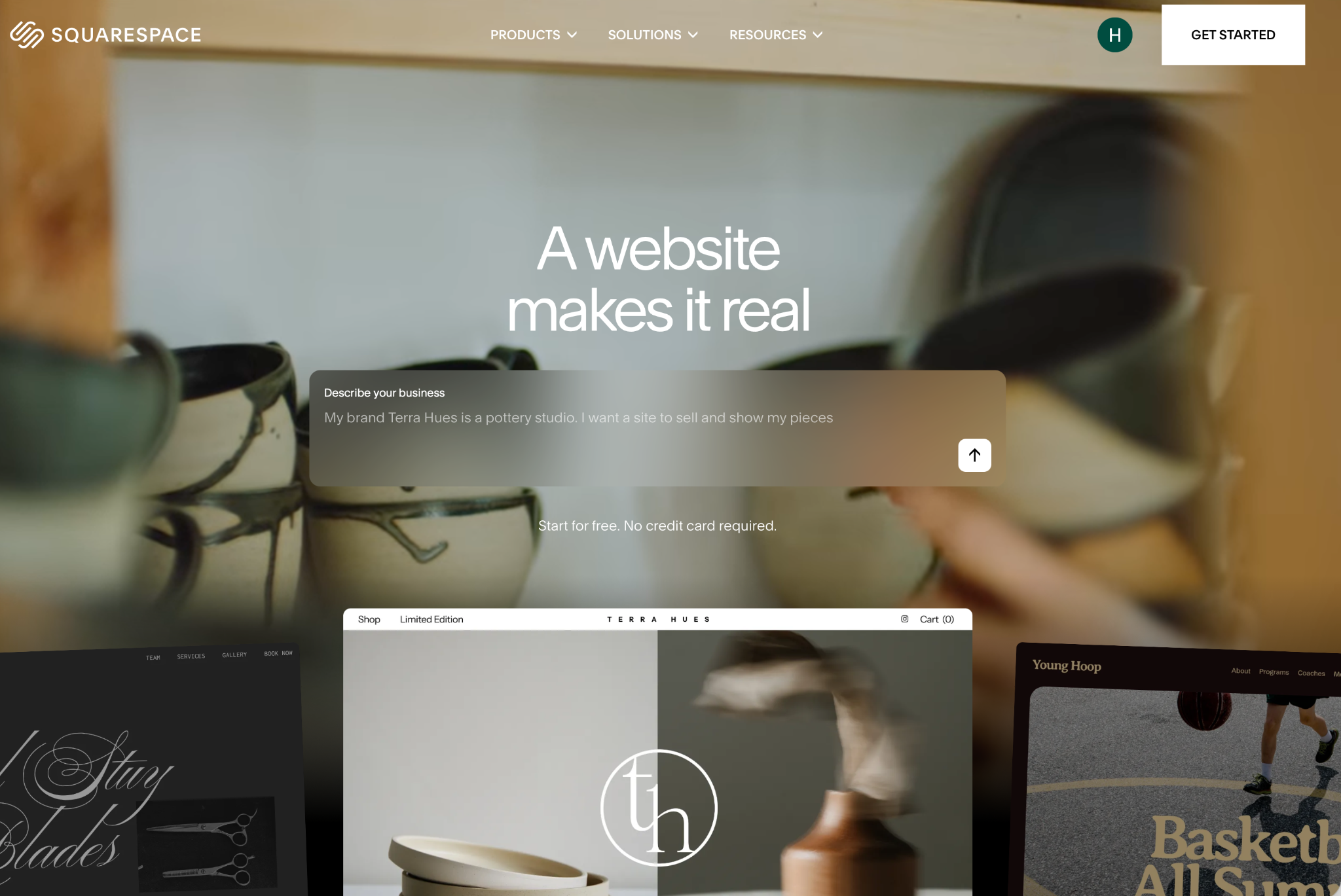 Squarespace homepage showcasing its AI website builder and sample website designs