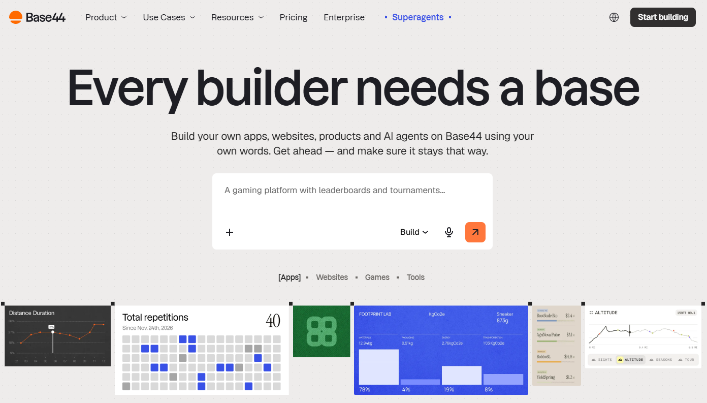 Screenshot of the Base44 landing page, showing a headline "Every builder needs a base"