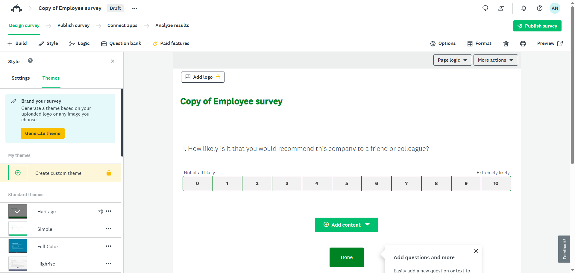 SurveyMonkey Umfragegenerator für kopierte Umfrage
