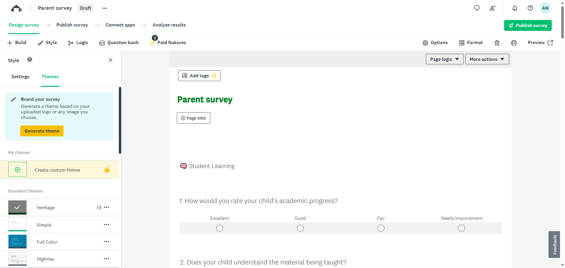 SurveyMonkey Umfrage erstellt über eingefügte Fragen