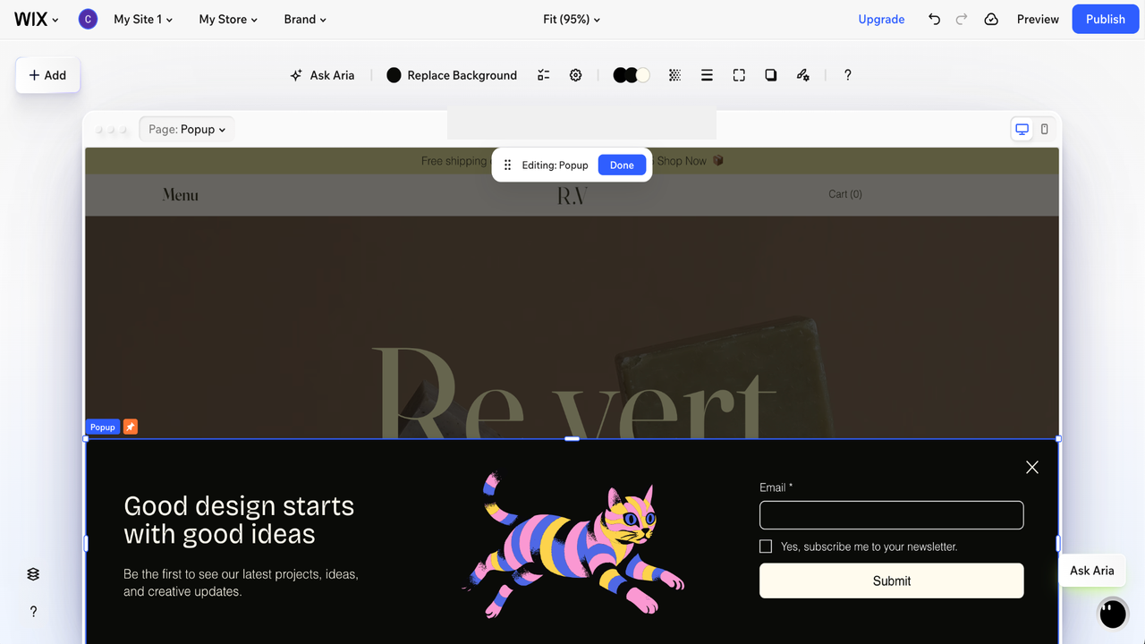 Wix popup template placed over a website preview in the editor
