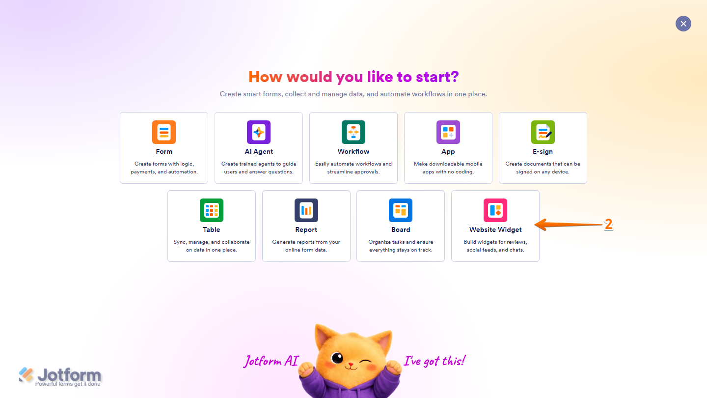 Jotform Create menu displaying the Website Widget option, allowing users to start creating a new website widget