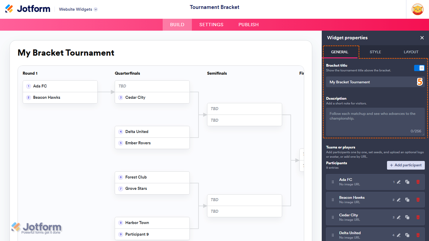 Jotform Website Widget Builder displaying the Widget Properties panel with the General tab open, showing the Bracket Title toggle, Title input field, and Description input field for customizing the Tournament Bracket widget