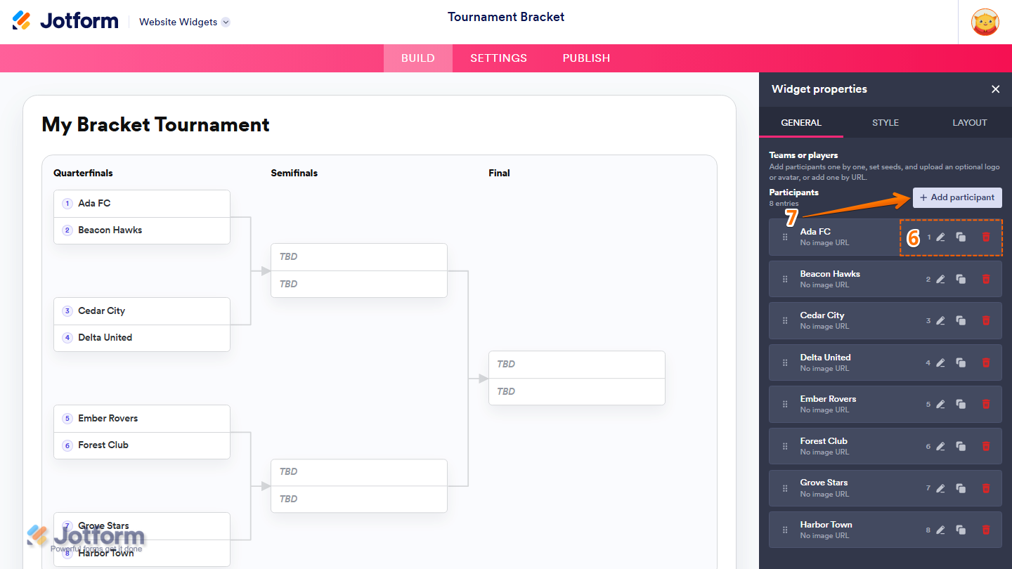 Jotform Website Widget Builder displaying the Teams or Players section with sample participants, including action icons to edit, duplicate, or delete participants, and the Add Participant button for adding new entries