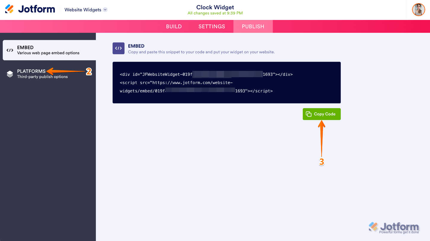Website Widget Publish page showing the Copy Code button and Platforms option for embedding