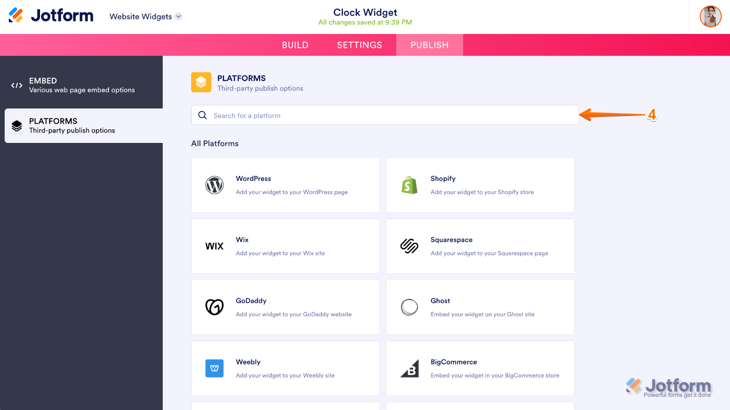 Website Widget Platforms page showing the search bar used to search for a supported website platform