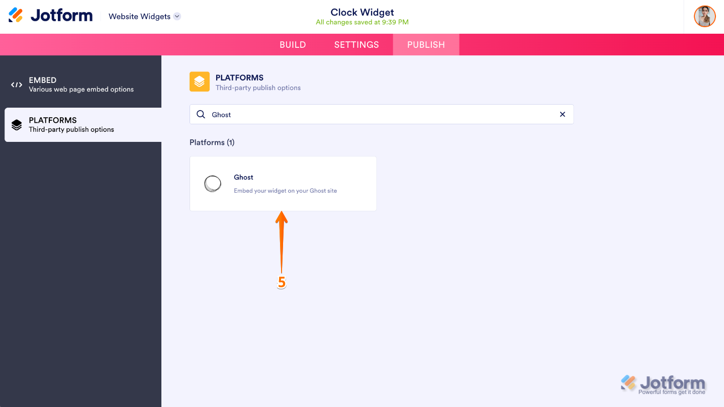 Website Widget Platforms page showing the Ghost icon selected for platform-specific embedding instructions
