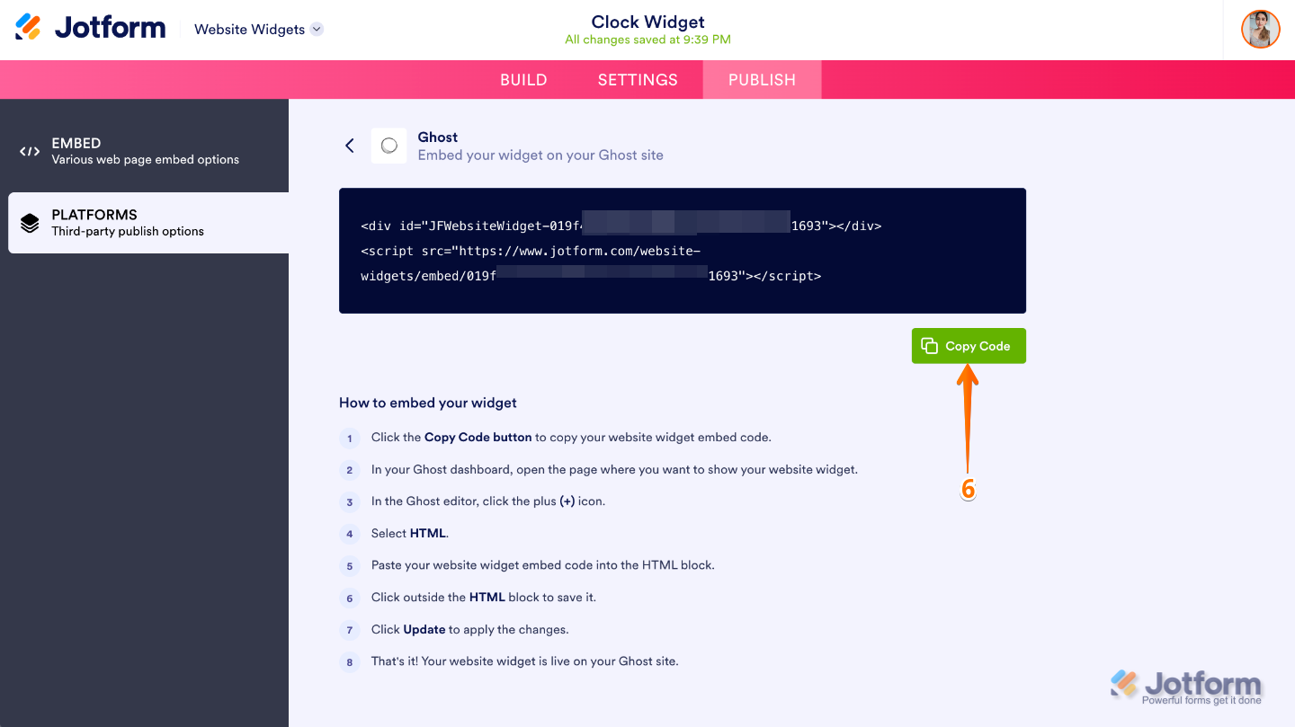 Website Widget embedding page showing the Copy Code button for adding the widget to a Ghost website
