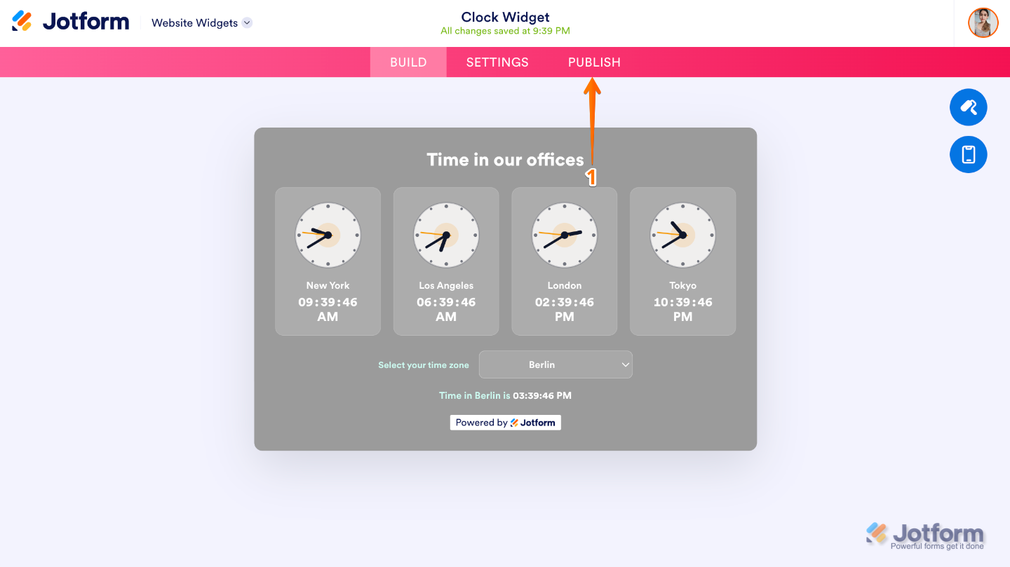 Website Widget Builder showing the Publish button in the pink navigation bar at the top of the page