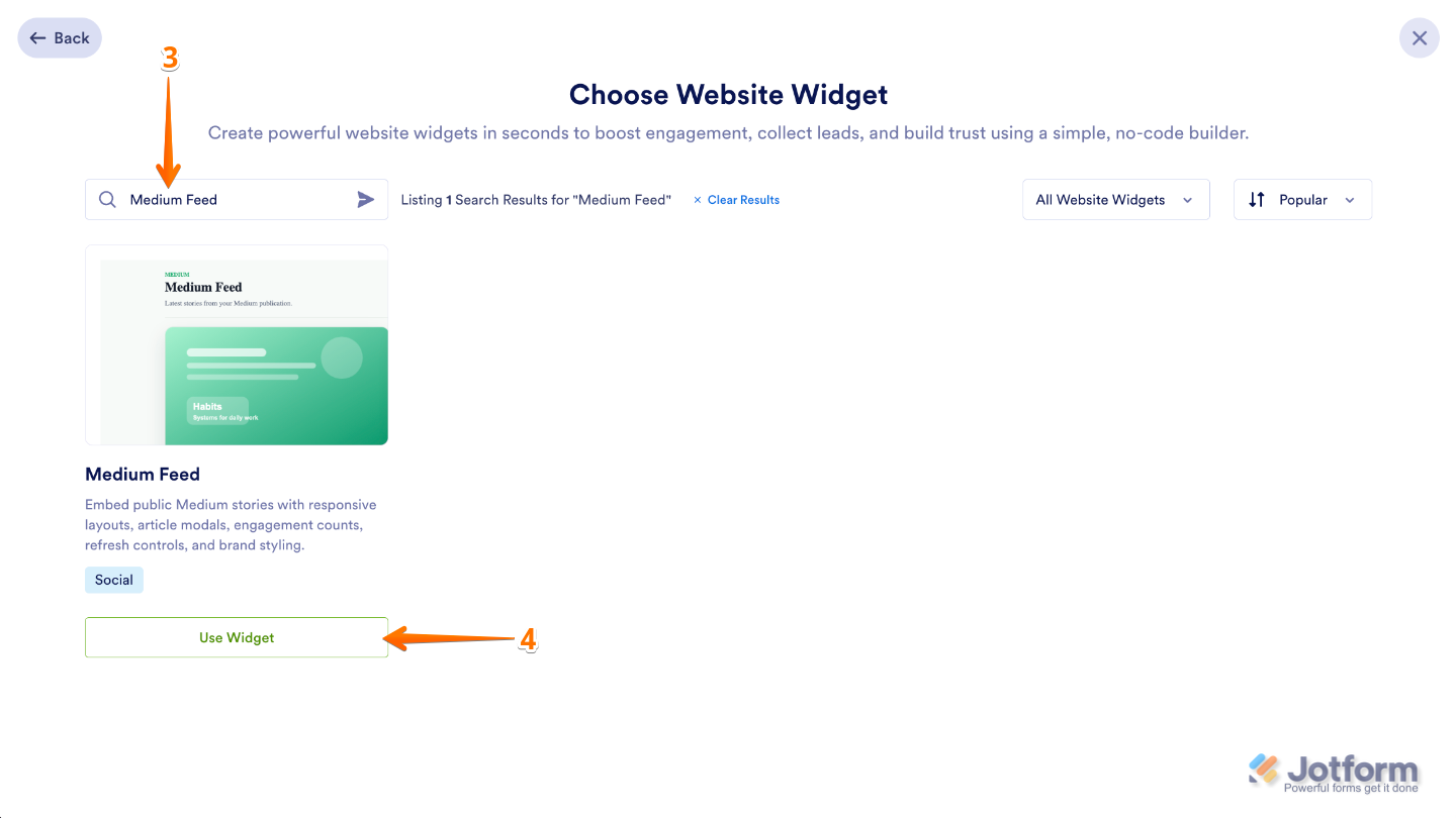 Choose Website Widget page showing the Medium Feed widget searched in the search bar with the Use Widget button