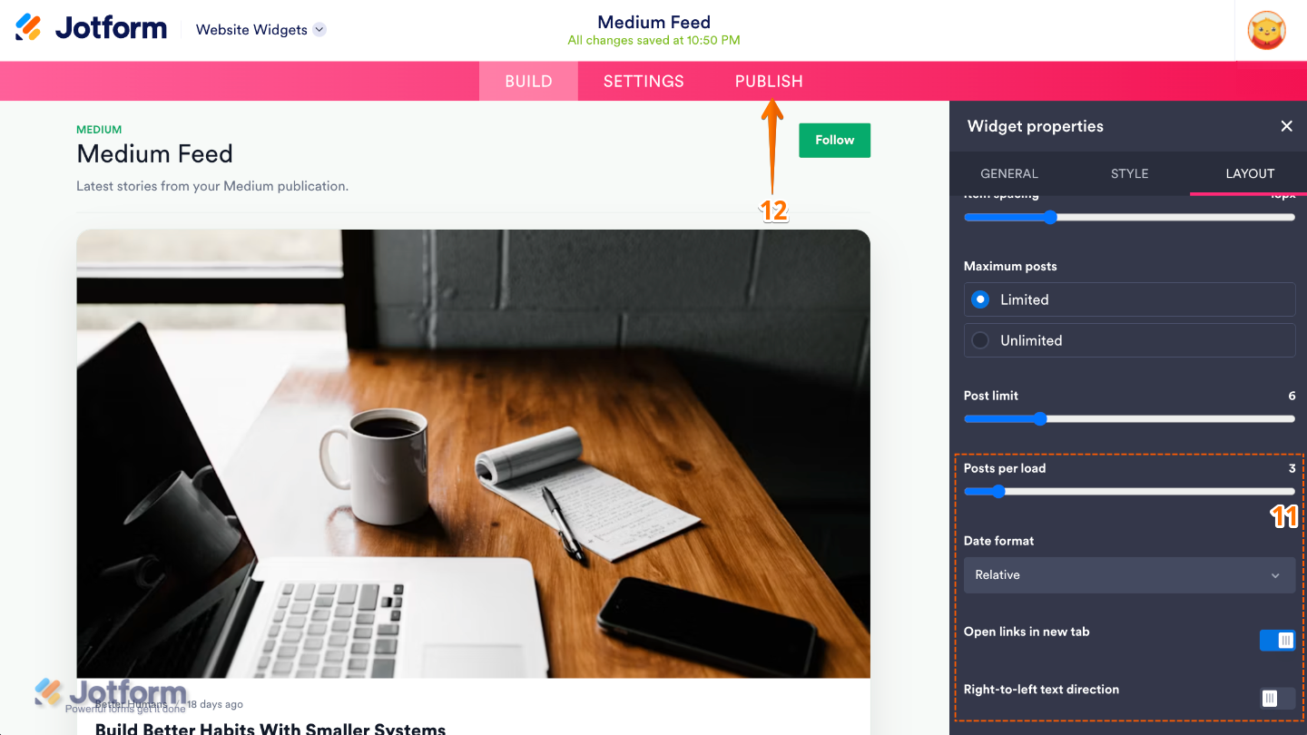 Medium Feed widget Layout settings showing Posts Per Load, Date Format, Open Links in New Tab, Right-to-Left Text Direction, and the Publish button