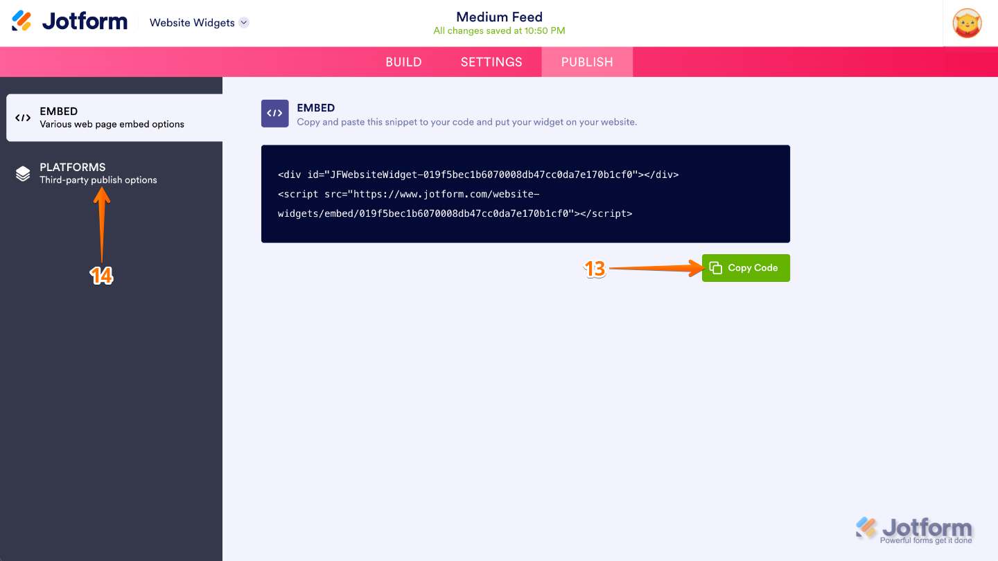 Website Widget Publish page showing the Copy Code button and Platforms option for embedding the Medium Feed widget